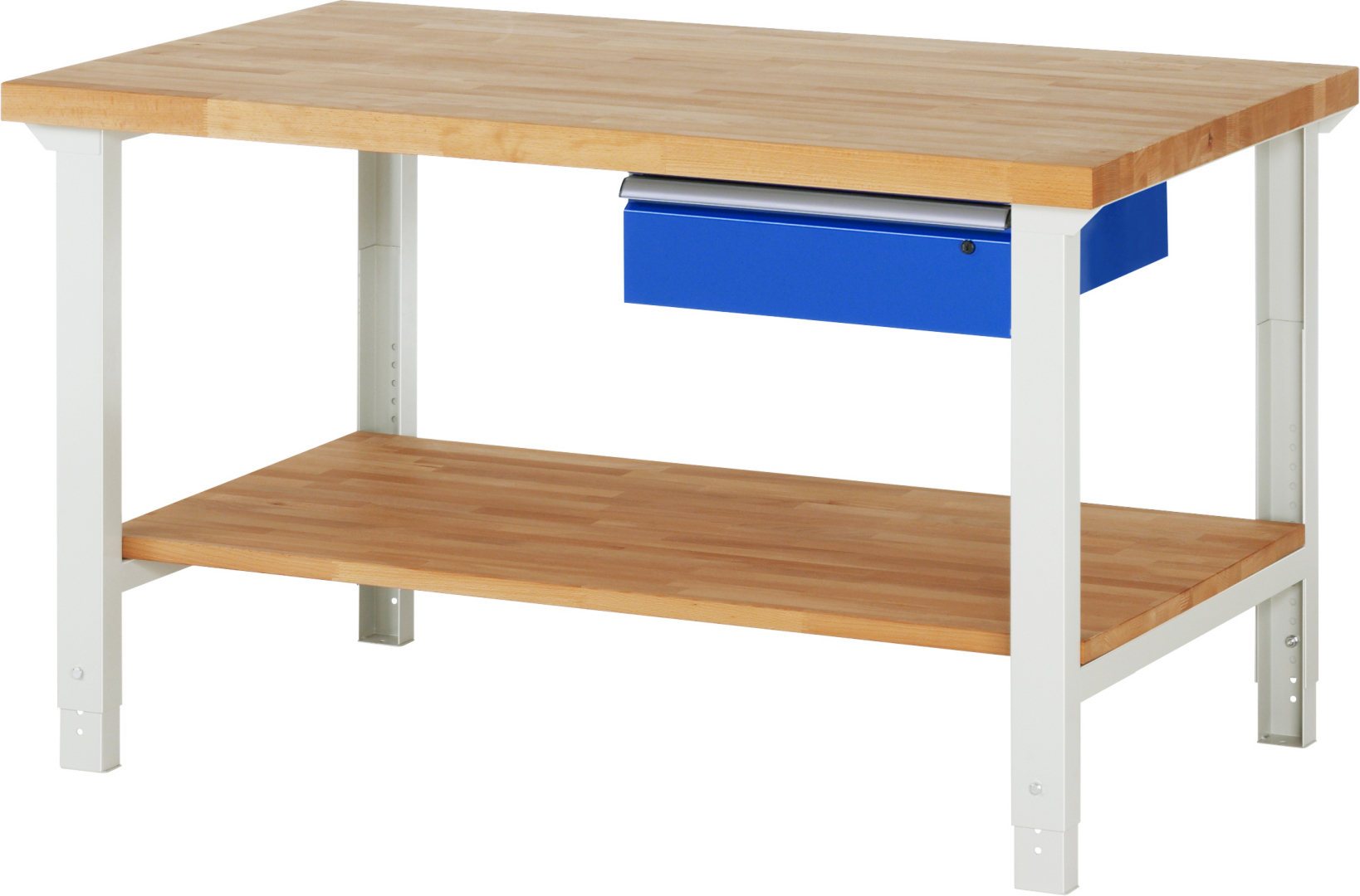 Werkbank Modell 7001 rot, BxTxH 1500x900x790-1140 mm,  Buche-Massiv Arbeitsplatte 40 mm,  1 Schublade mit  Auszug 90 %