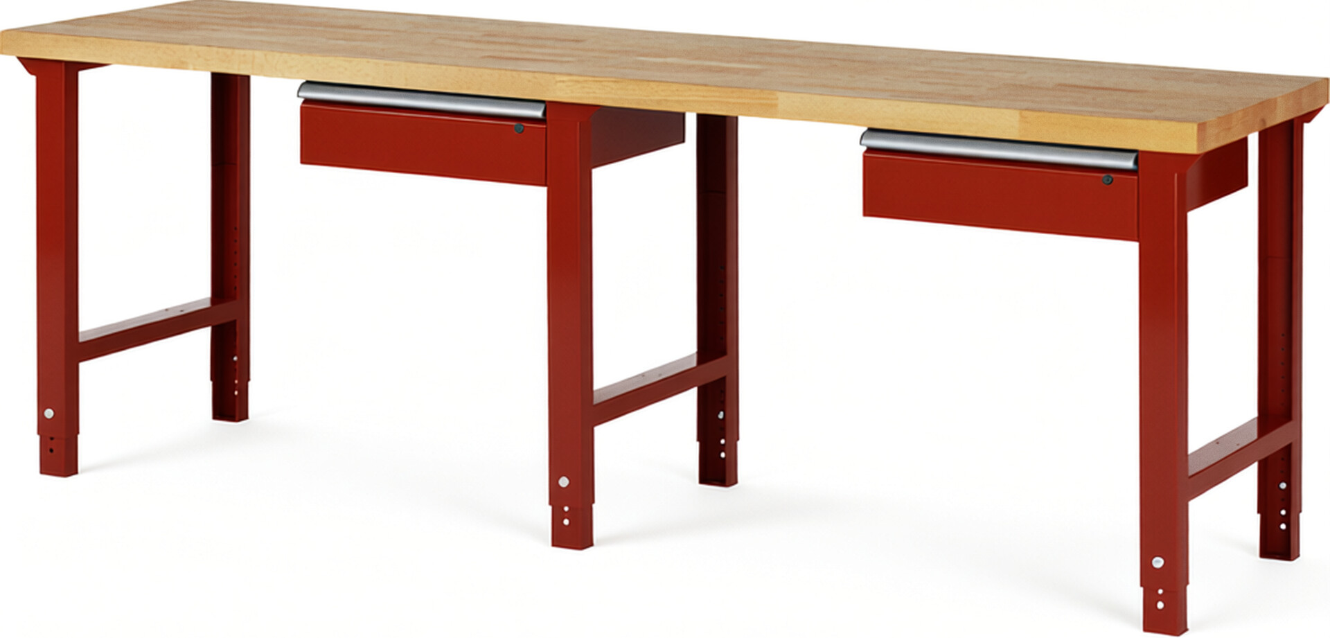 Werkbank Modell 7001 rot, BxTxH 2500x700x790-1140 mm,  Buche-Massiv Arbeitsplatte 40 mm,  2 Schubladen mit  Auszug 90 %