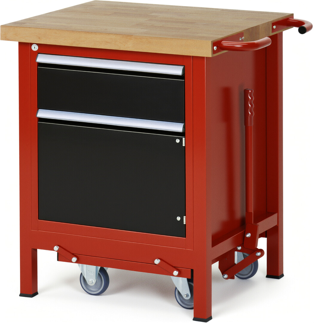 RAU Werkbank rot - schwarz - Breite 75 cm - Tiefe 70 cm - Höhe 88 cm - Buche-Massiv Arbeitsplatte 40 mm