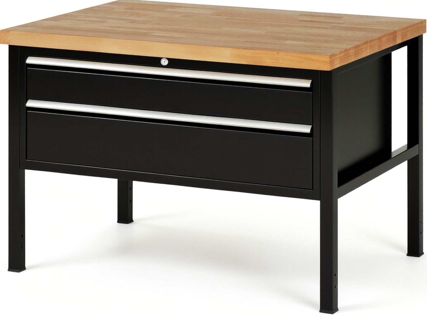 Werkbank Modell 8323 schwarz, BxTxH 1250x900x840-1040 mm,  Buche-Massiv Arbeitsplatte 40 mm,  2 Schubladen mit  Vollauszug 100 % und  SoftClosing