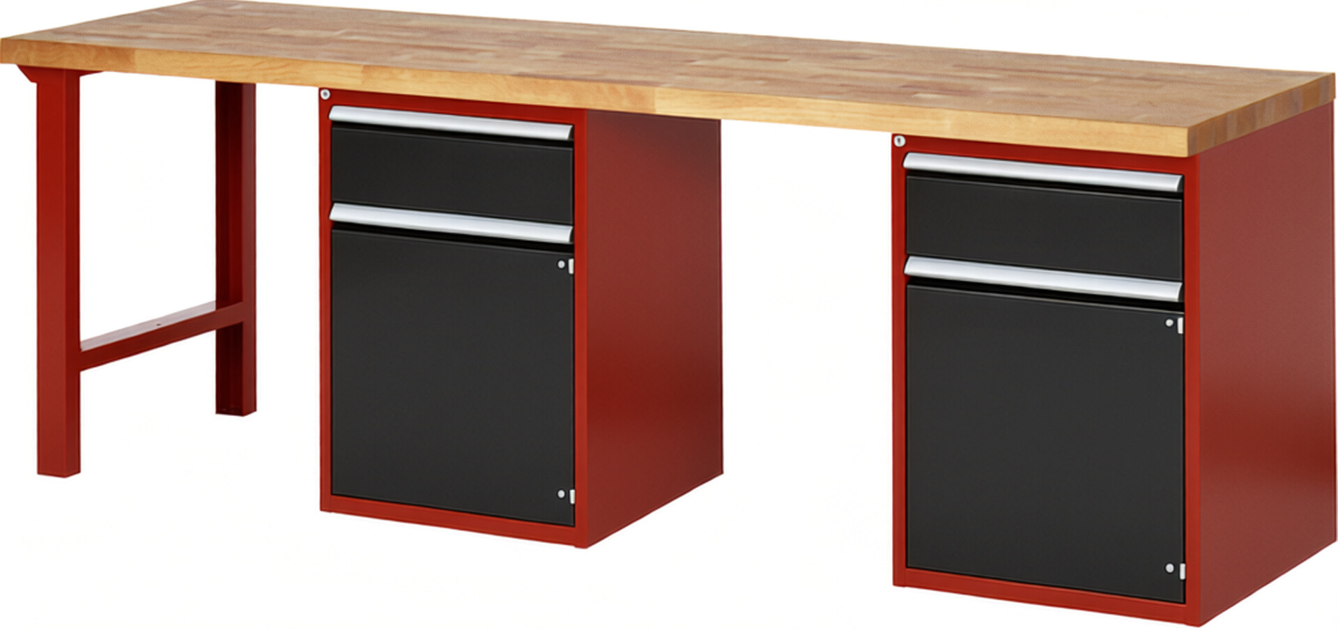 Werkbank Modell 7502 rot - schwarz, BxTxH 2500x700x840 mm,  Buche-Massiv Arbeitsplatte 40 mm,  2 Schubladen mit  Auszug 90 %