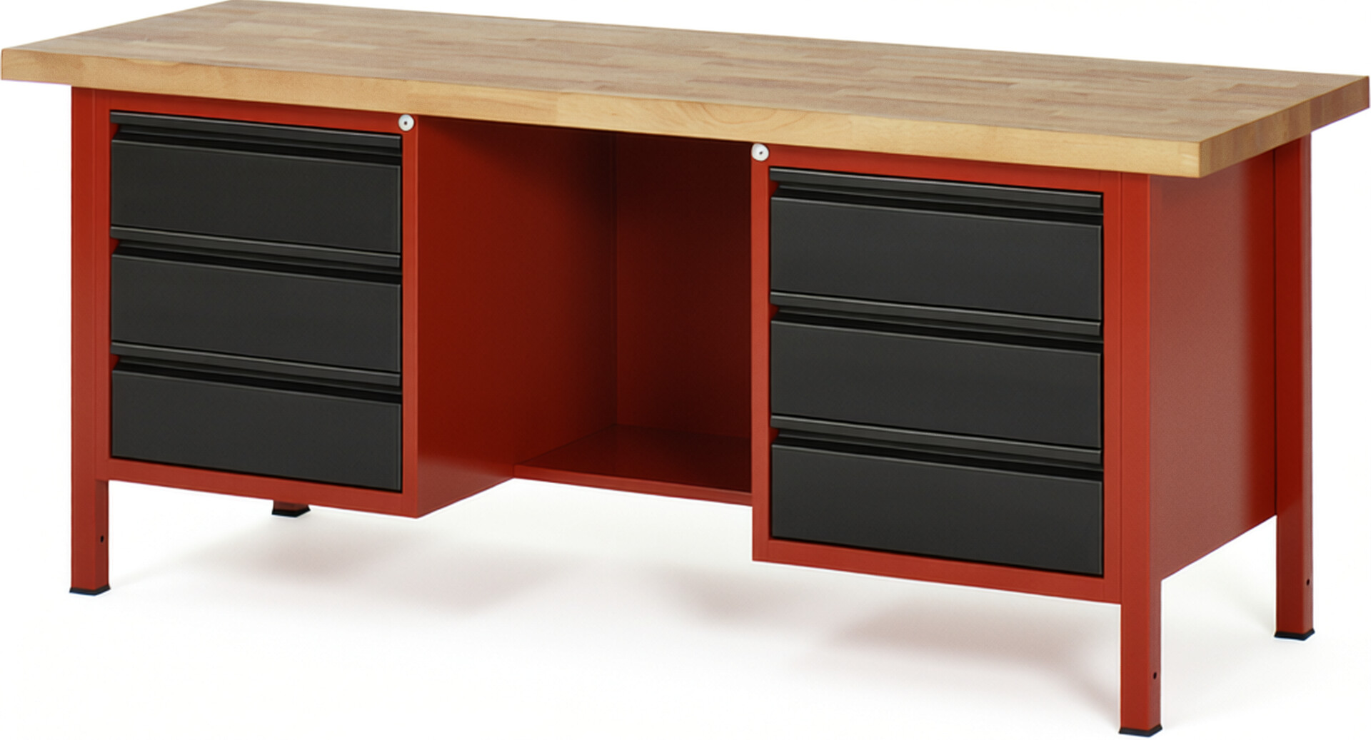 RAU Werkbank rot - schwarz - Breite 200 cm - Tiefe 70 cm - Höhe 84 cm - Buche-Massiv Arbeitsplatte 40 mm