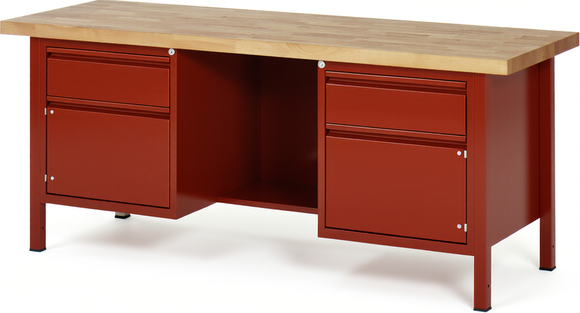 Werkbank - Modell 8551 BASIC rot, BxTxH 2000x700x840-1040 mm,  Buche-Massiv Arbeitsplatte 40 mm,  2 Schubladen mit  Auszug 90 %