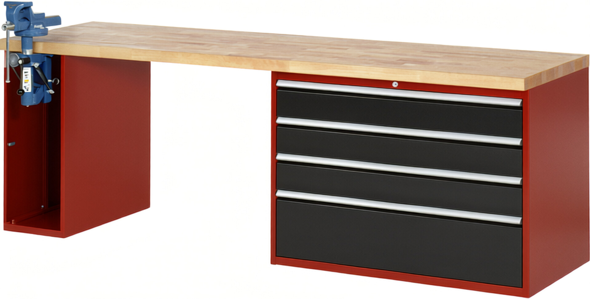 Werkbank Modell 7710 rot - schwarz, BxTxH 2500x700x890 mm,  Buche-Massiv Arbeitsplatte 40 mm,  4 Schubladen mit  Vollauszug 100 % und  SoftClosing