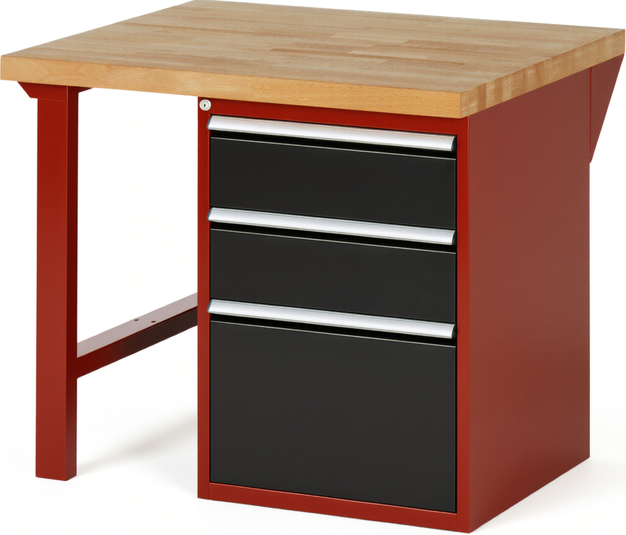 Werkbank Modell 7507 rot - schwarz, BxTxH 1000x900x840 mm,  Buche-Massiv Arbeitsplatte 40 mm,  3 Schubladen mit  Auszug 90 %