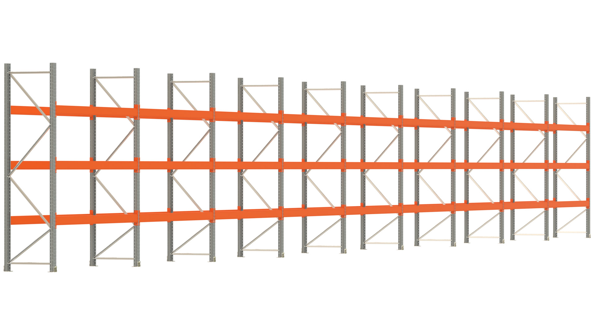 Palettenregal ARTUS - Breite 2515 cm - Höhe 300 cm - Tiefe 80 cm - 3 Träger-Ebenen - max. Fachlast 3000 kg - 72 Palettenstellplätze
