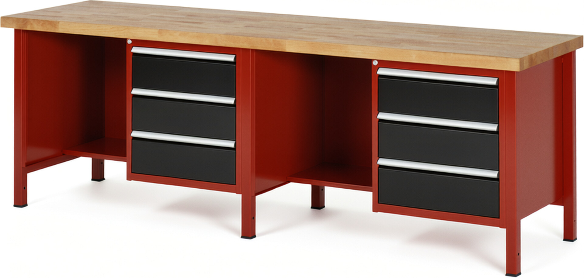 Werkbank Modell 8452 rot - schwarz, BxTxH 2500x700x840-1040 mm,  Buche-Massiv Arbeitsplatte 40 mm,  6 Schubladen mit  Auszug 90 %