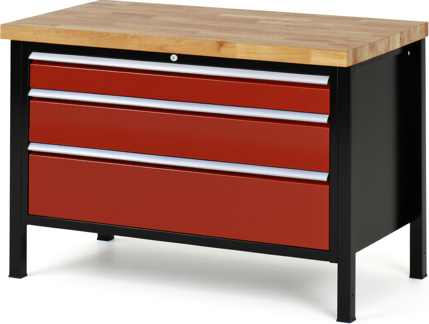 RAU Werkbank schwarz - rot - Breite 125 cm - Tiefe 70 cm - Höhe 104 cm - Buche-Massiv Arbeitsplatte 40 mm