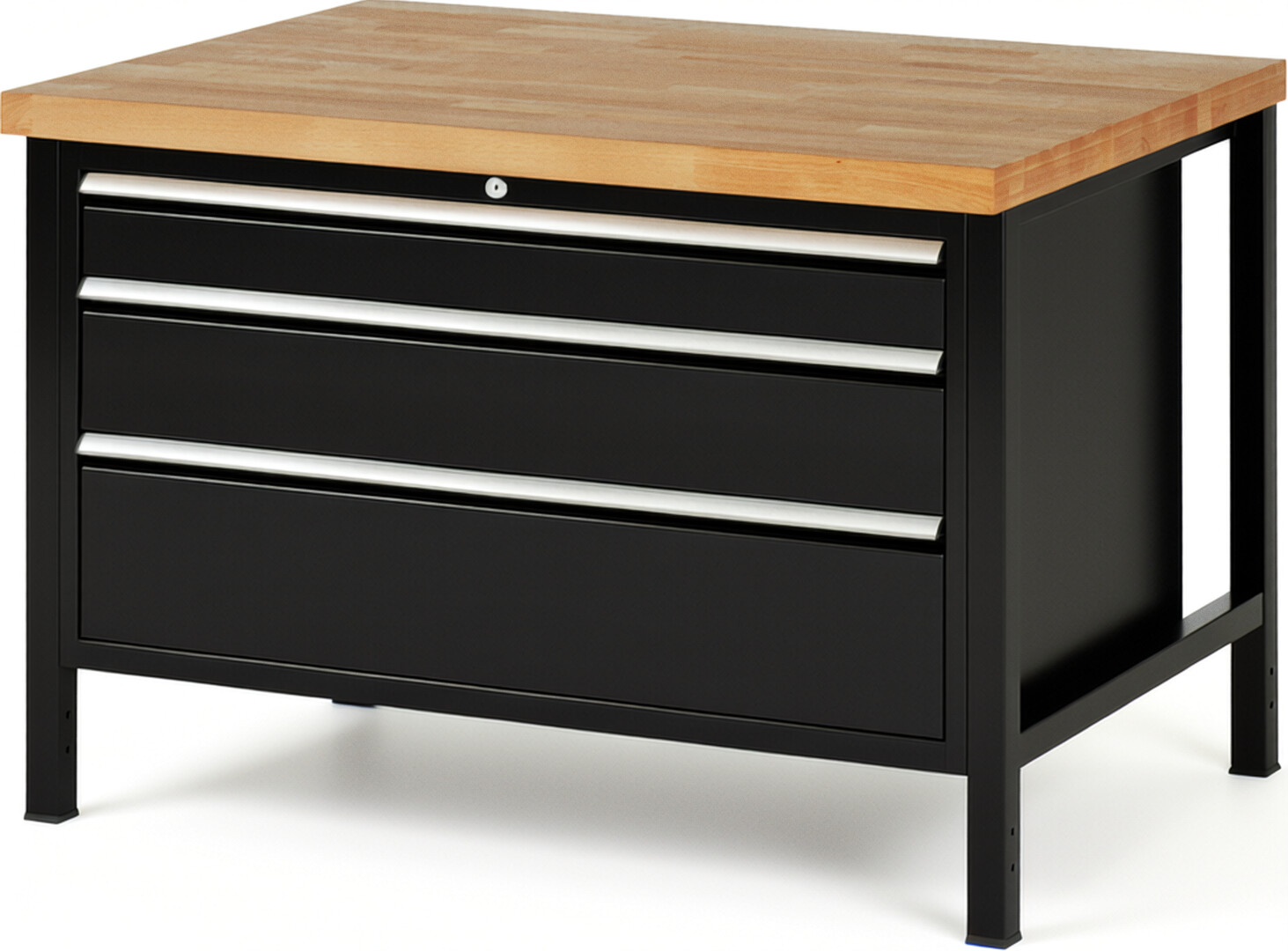 Werkbank Modell 8359 schwarz, BxTxH 1250x900x840-1040 mm,  Buche-Massiv Arbeitsplatte 40 mm,  3 Schubladen mit  Vollauszug 100 % und  SoftClosing
