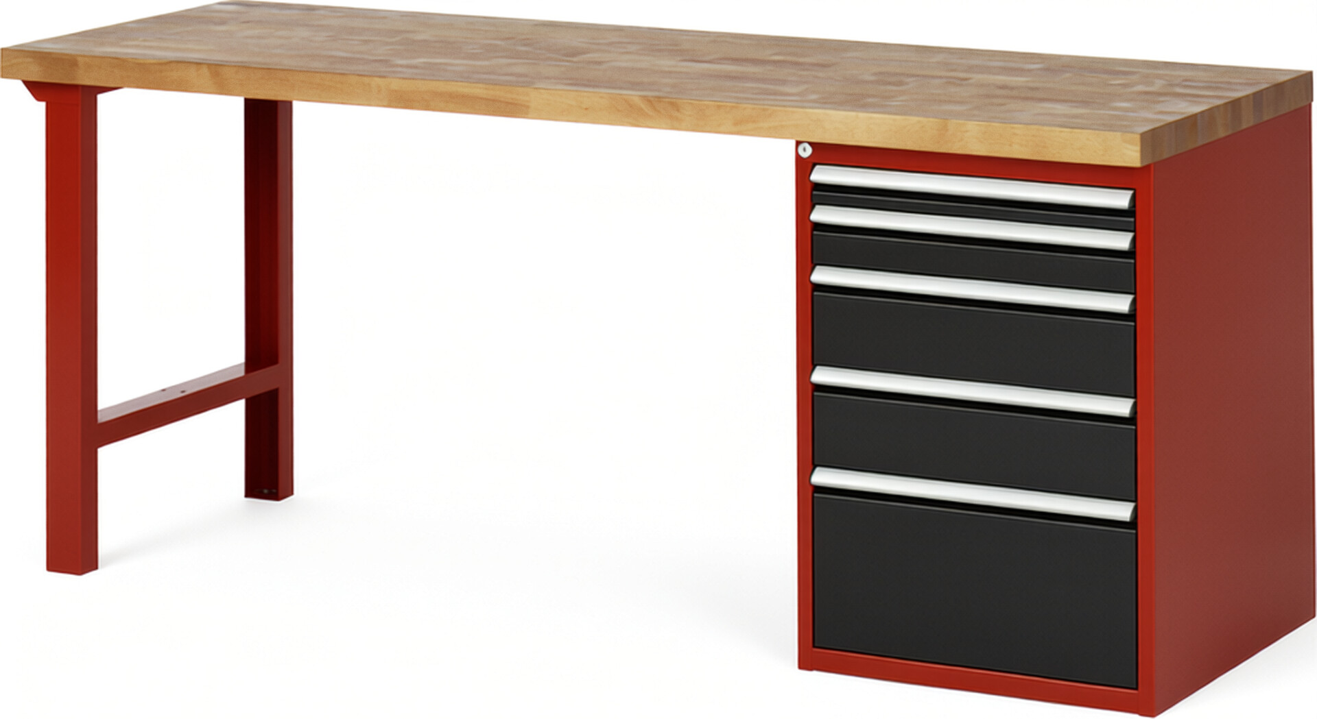 Werkbank Modell 7511 rot - schwarz, BxTxH 2000x700x890 mm,  Buche-Massiv Arbeitsplatte 40 mm,  5 Schubladen mit  Vollauszug 100 % und  SoftClosing