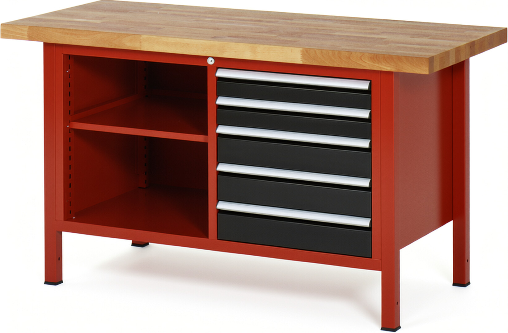 Werkbank Modell 8464 rot - schwarz, BxTxH 1500x700x840 mm,  Buche-Massiv Arbeitsplatte 40 mm,  5 Schubladen mit  Auszug 90 %