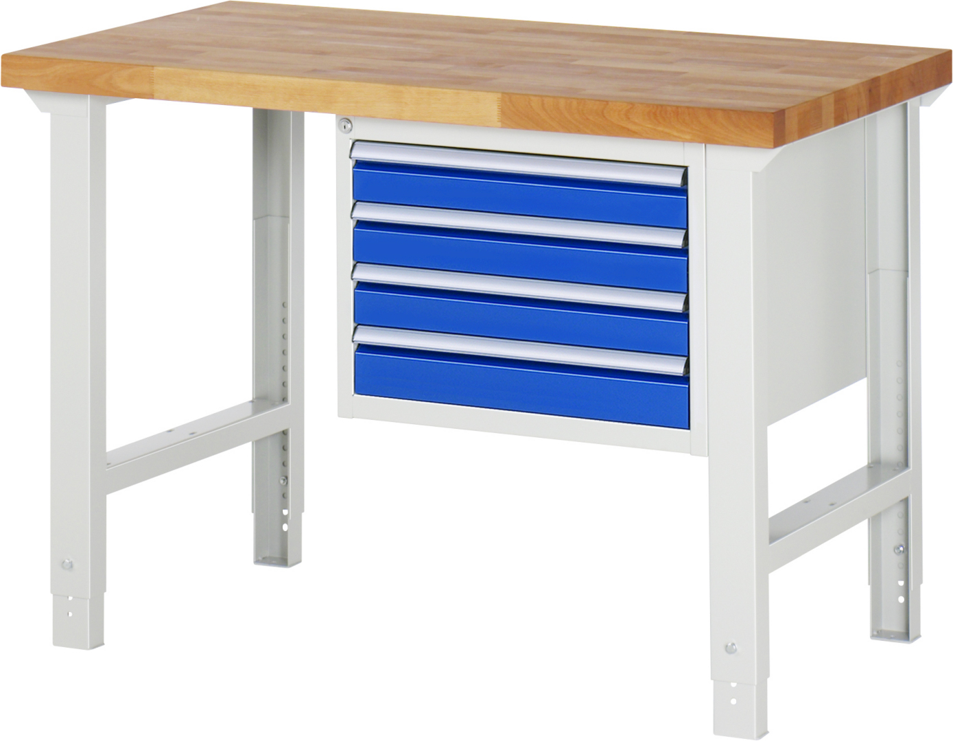 Werkbank Modell 7133 rot - schwarz, BxTxH 1250x700x790-1140 mm,  Buche-Massiv Arbeitsplatte 40 mm,  4 Schubladen mit  Vollauszug 100 % und  SoftClosing