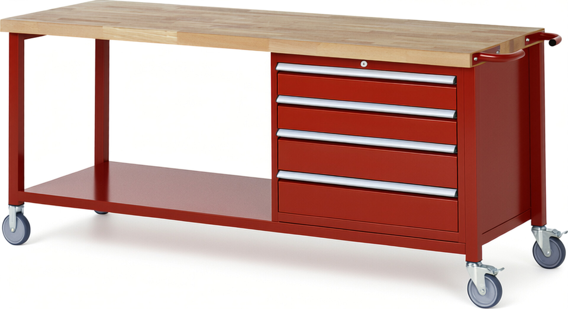 Fahrbare Werkbank Modell 8262 rot, BxTxH 2000x700x880 mm,  Buche-Massiv Arbeitsplatte 40 mm,  4 Schubladen mit  Vollauszug 100 % und  SoftClosing
