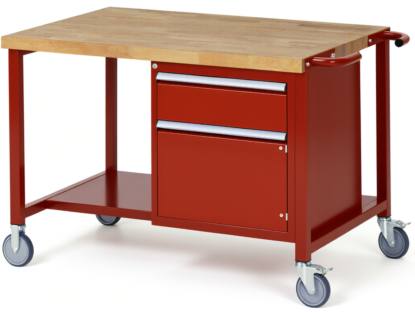 Fahrbare Werkbank Modell 8152 rot, BxTxH 1250x900x880-1080 mm,  Buche-Massiv Arbeitsplatte 40 mm,  1 Schublade mit  Auszug 90 %