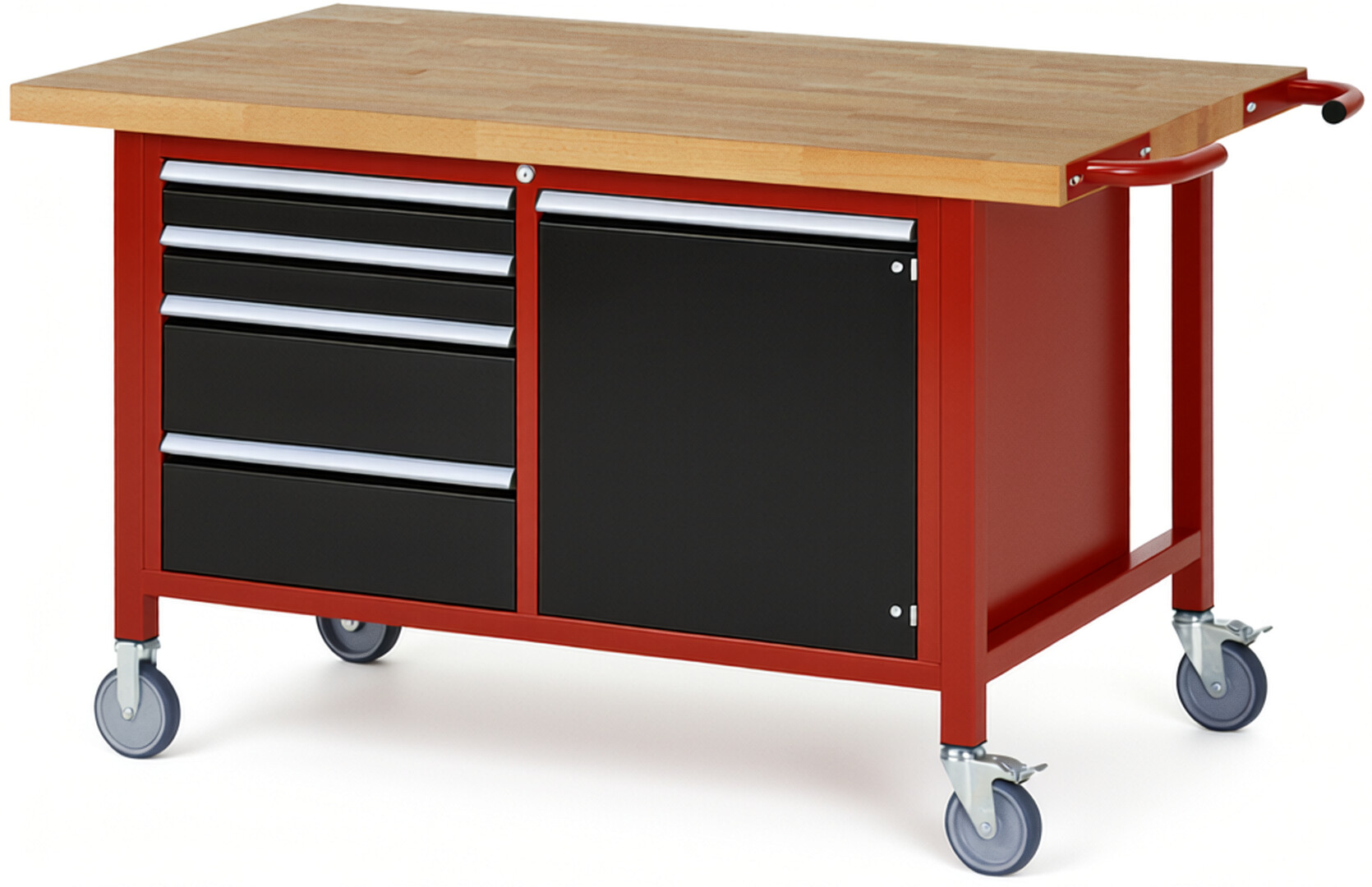Fahrbare Werkbank Modell 8470 rot - schwarz, BxTxH 1500x900x880-1080 mm,  Buche-Massiv Arbeitsplatte 40 mm,  4 Schubladen mit  Vollauszug 100 % und  SoftClosing
