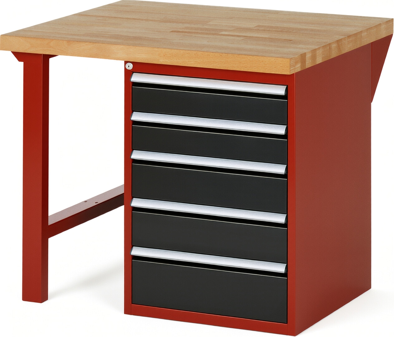 Werkbank Modell 7513 rot - schwarz, BxTxH 1000x900x840 mm,  Buche-Massiv Arbeitsplatte 40 mm,  5 Schubladen mit  Vollauszug 100 % und  SoftClosing