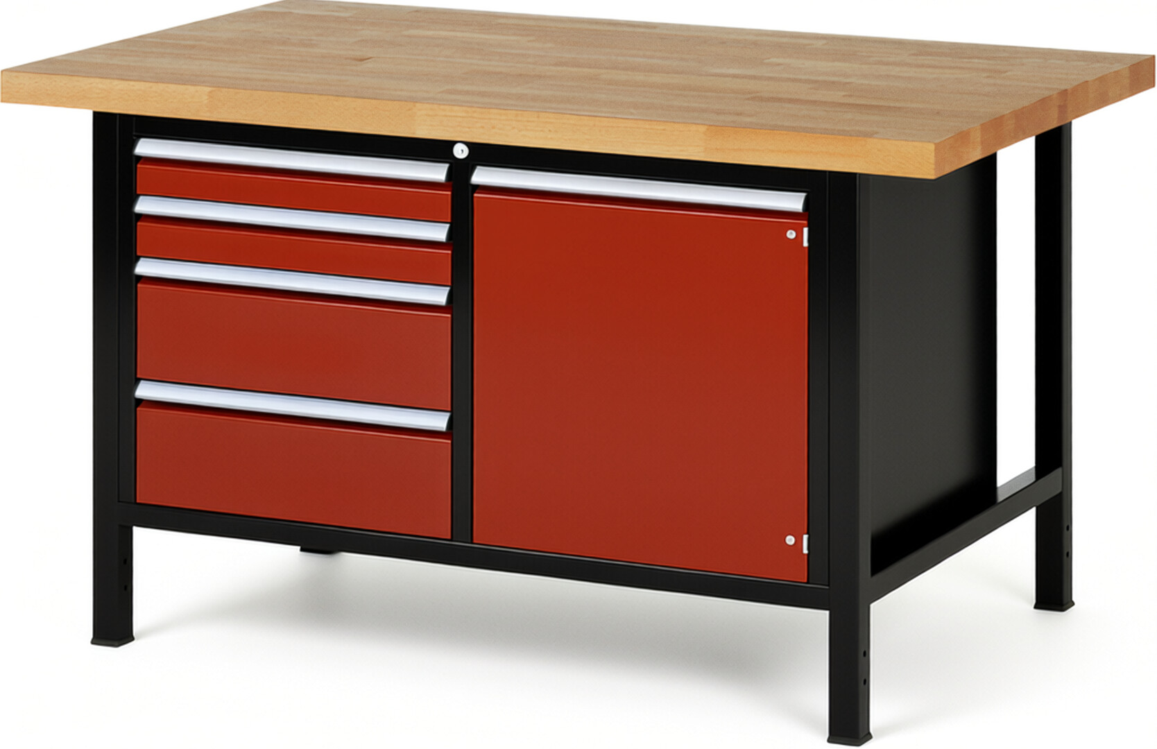 RAU Werkbank schwarz - rot - Breite 150 cm - Tiefe 90 cm - Höhe 84 cm - Buche-Massiv Arbeitsplatte 40 mm
