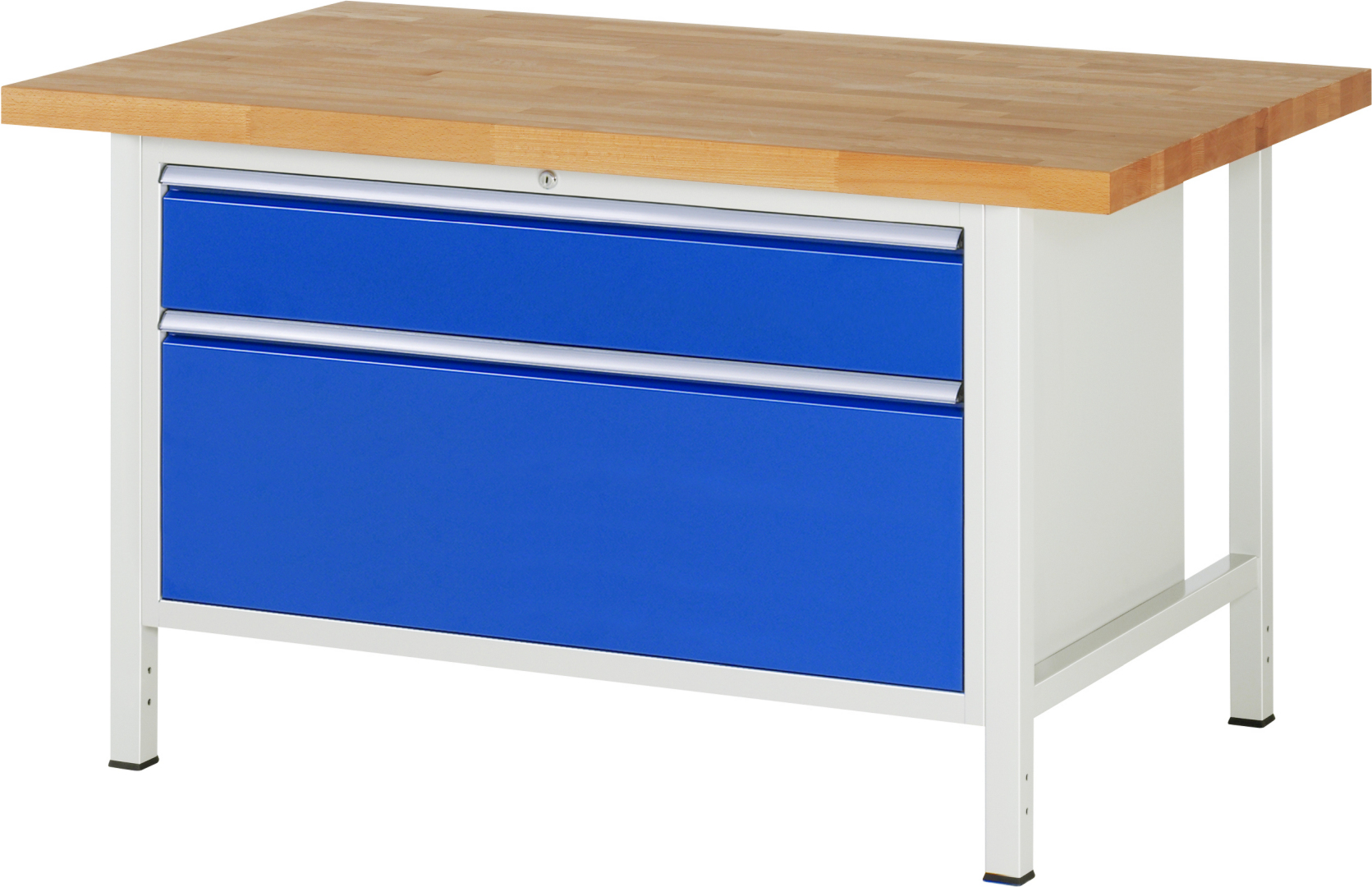 Werkbank Modell 8356,  BxTxH 1500x900x840-1040 mm,  Buche-Massiv Arbeitsplatte 40 mm,  2 Schubladen mit  Vollauszug 100 % und  SoftClosing