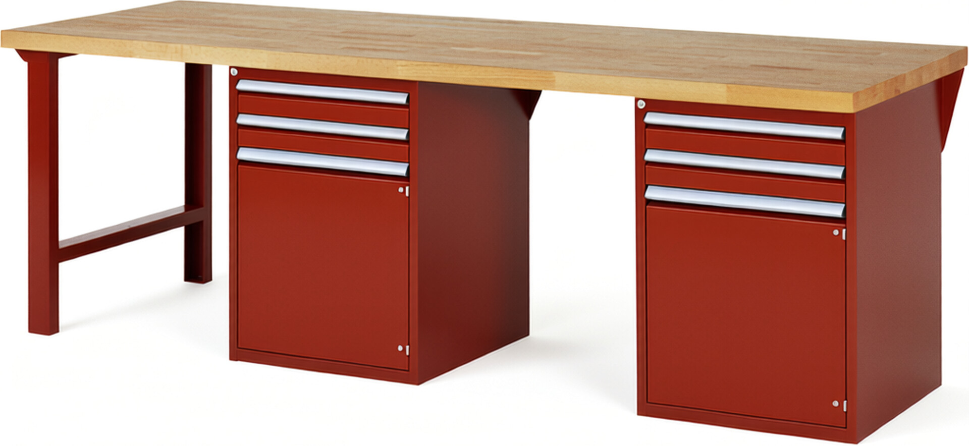 Werkbank Modell 7503 rot, BxTxH 2500x900x890 mm,  Buche-Massiv Arbeitsplatte 40 mm,  4 Schubladen mit  Vollauszug 100 % und  SoftClosing
