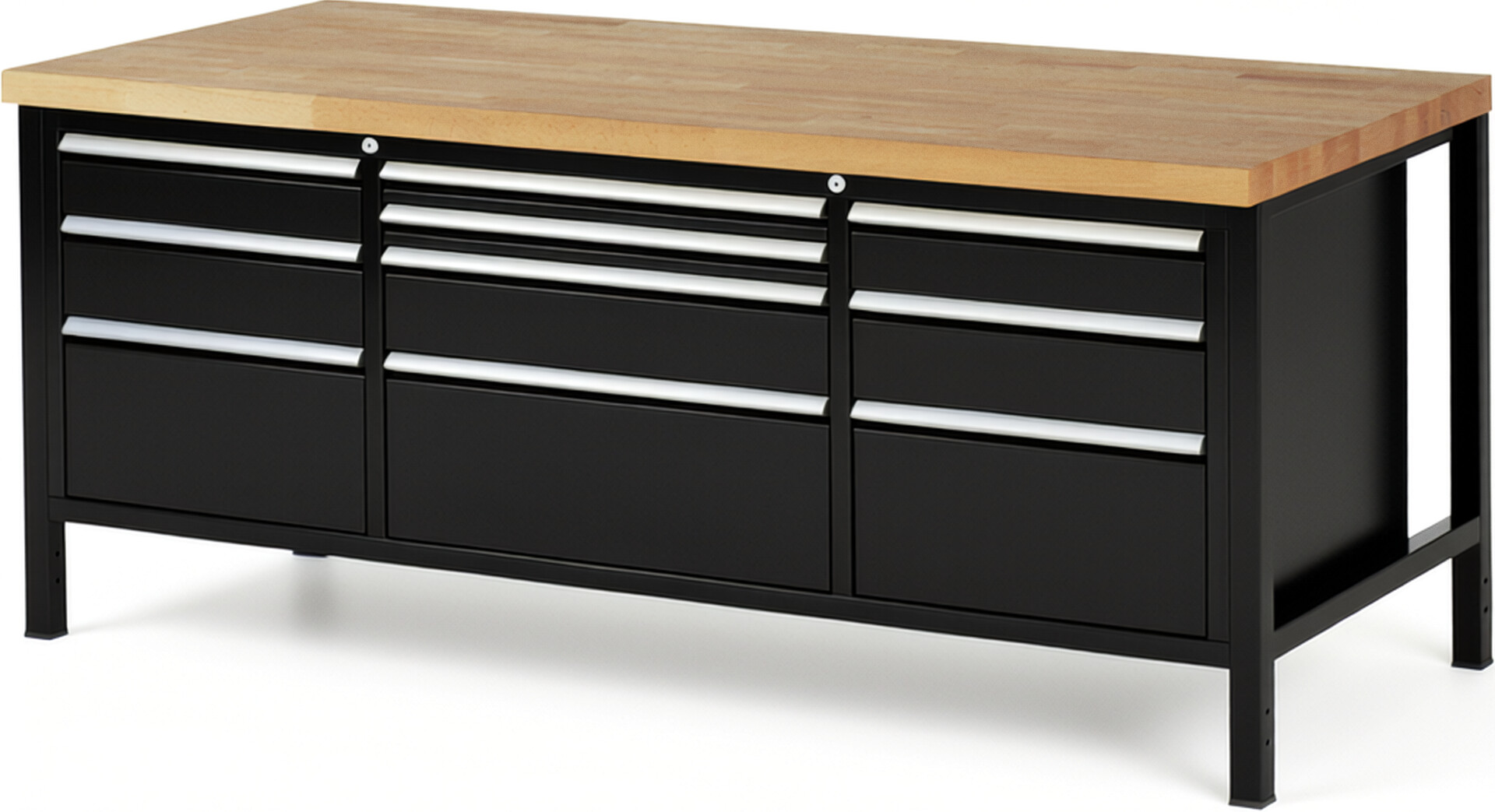 Werkbank Modell 8756 schwarz, BxTxH 2000x900x840 mm,  Buche-Massiv Arbeitsplatte 40 mm,  10 Schubladen mit  Vollauszug 100 % und  SoftClosing