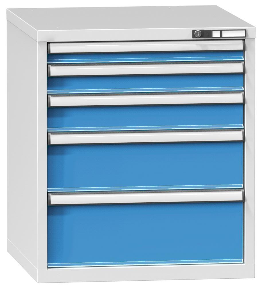 Schubladenschrank, 5 Schubladen: 1x75, 1x100, 1x125, 1x200, 1x250 mm, BxTxH 731x753x840 mm, RAL 7035/5012
