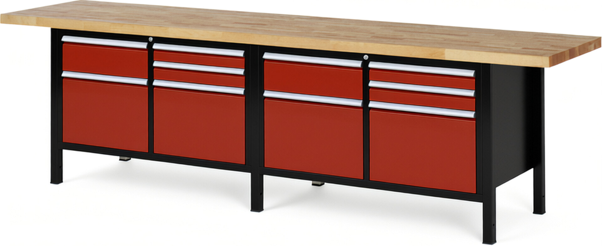 RAU Werkbank schwarz - rot - Breite 300 cm - Tiefe 70 cm - Höhe 104 cm - Buche-Massiv Arbeitsplatte 40 mm