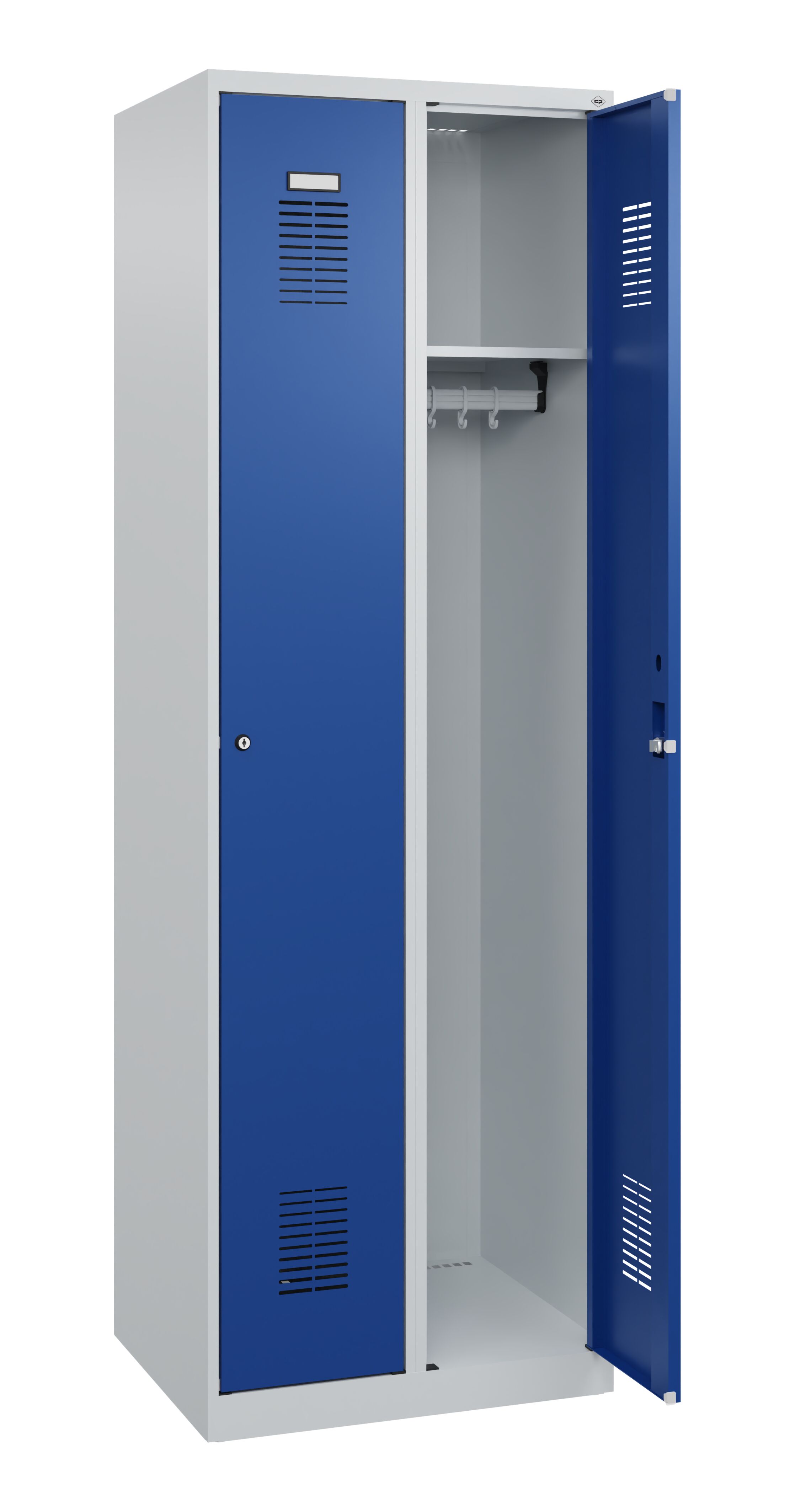 Kleiderspind Basis PLUS, 2 Abteile, Abteilbreite 30 cm, Höhe 185 cm, Breite 60 cm, Tiefe 50 cm, RAL 7035 Lichtgrau / RAL 5010 Enzianblau