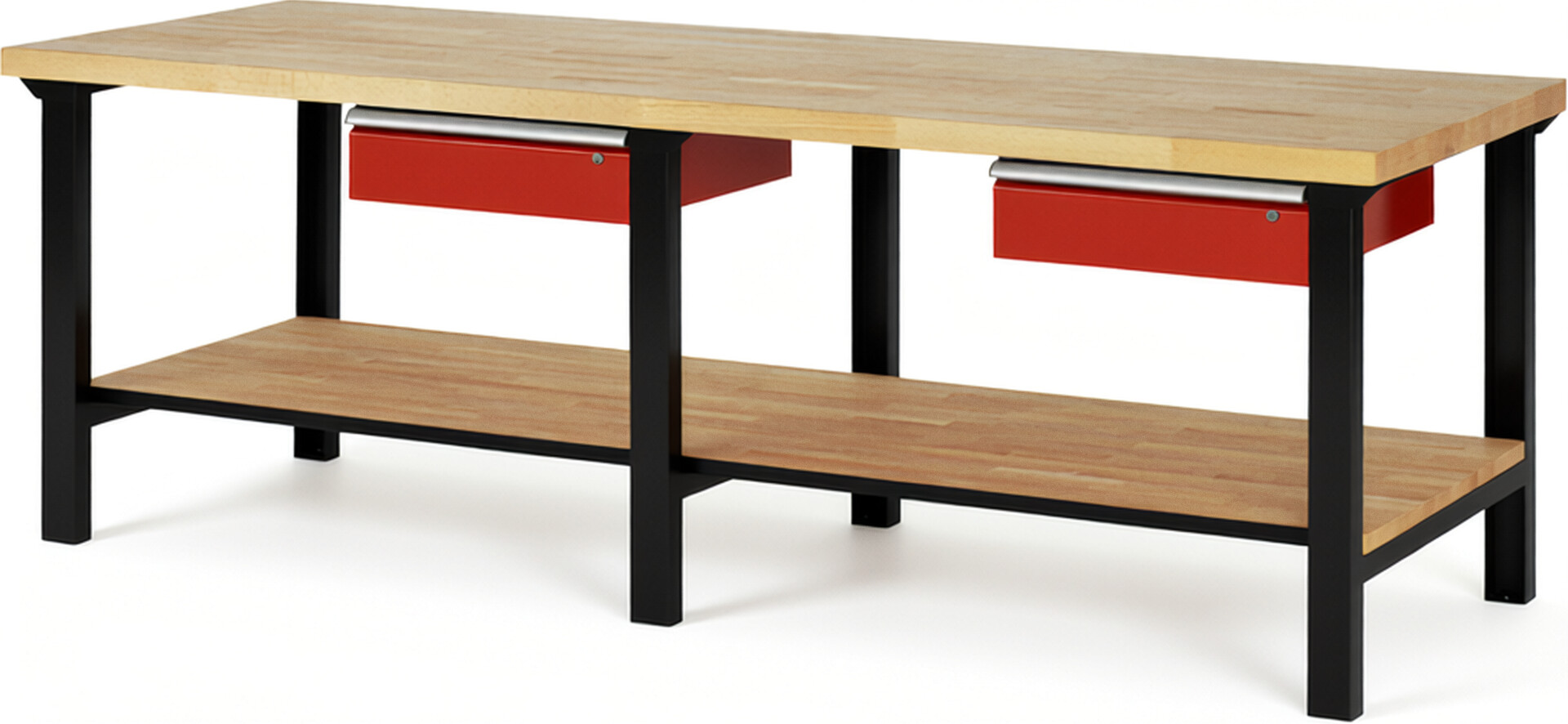 RAU Werkbank schwarz - rot - Breite 250 cm - Tiefe 90 cm - Höhe 84 cm - Buche-Massiv Arbeitsplatte 40 mm