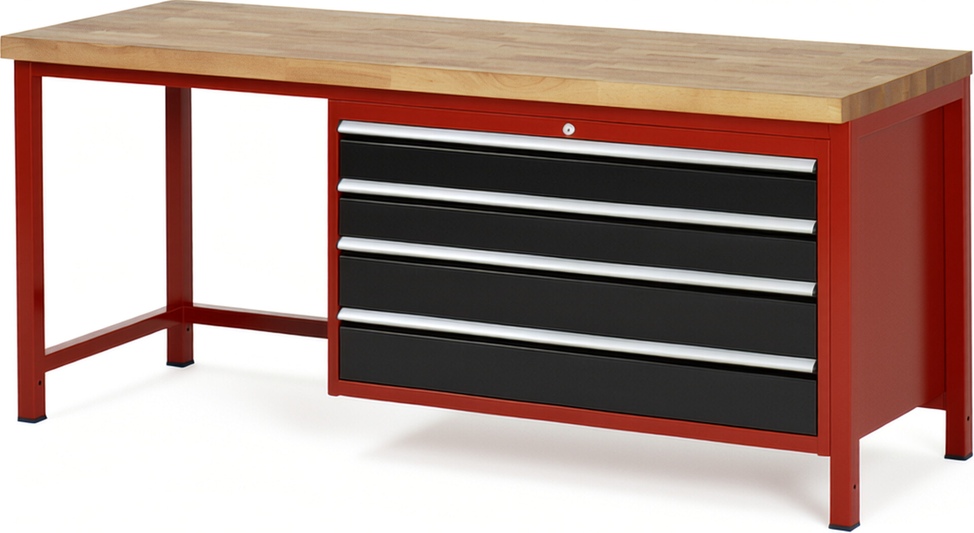 Werkbank Modell 8362 rot - schwarz, BxTxH 2000x700x840-1040 mm,  Buche-Massiv Arbeitsplatte 40 mm,  4 Schubladen mit  Vollauszug 100 % und  SoftClosing