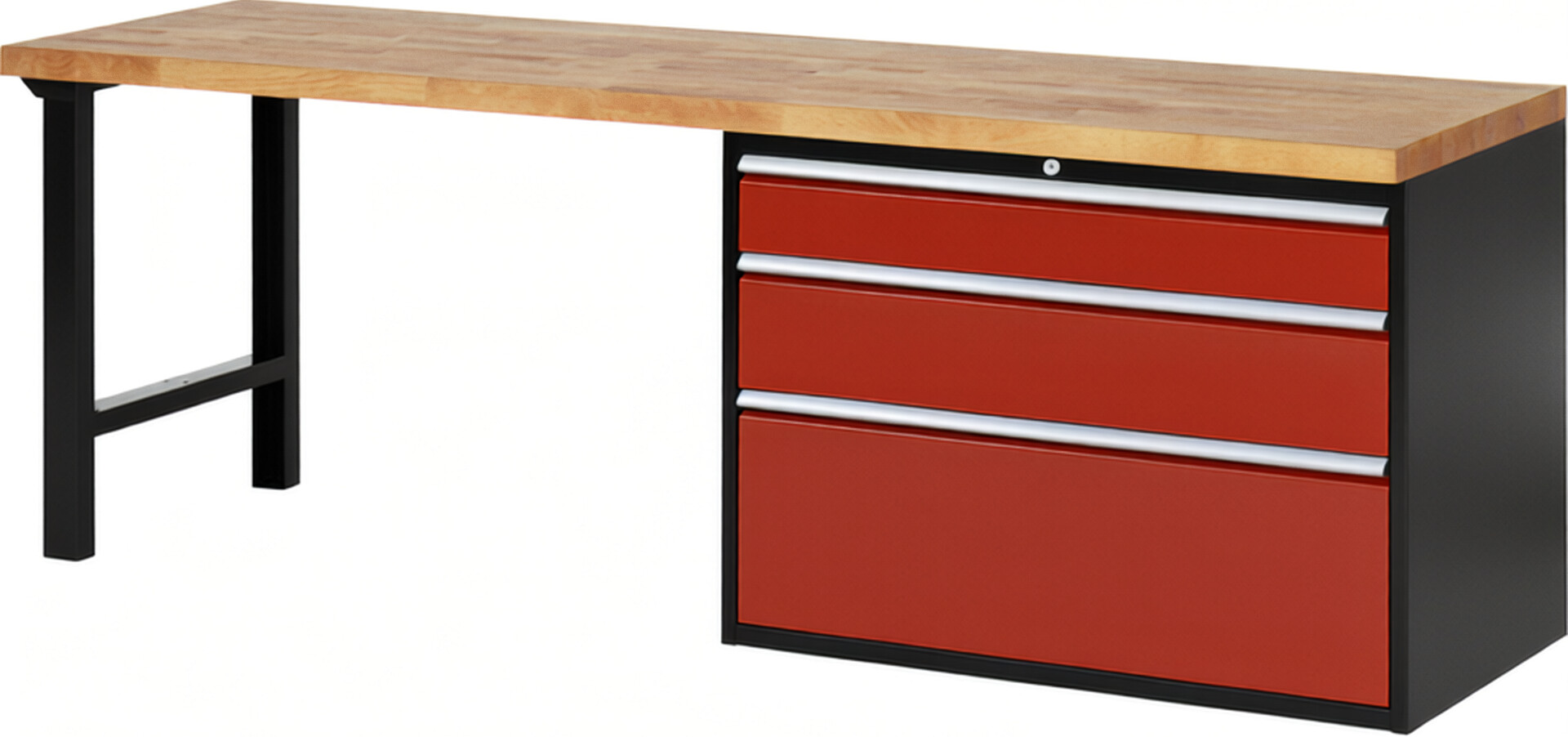 RAU Werkbank schwarz - rot - Breite 250 cm - Tiefe 70 cm - Höhe 84 cm - Buche-Massiv Arbeitsplatte 40 mm