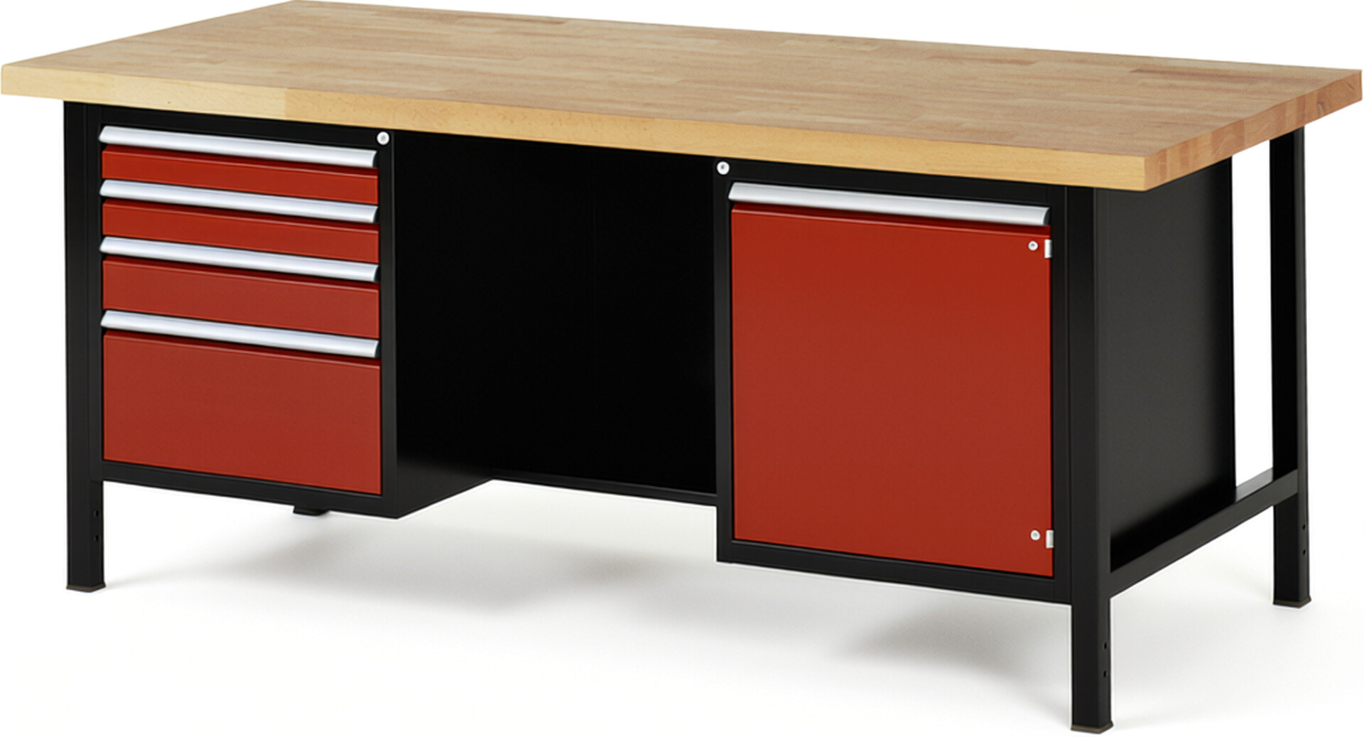 RAU Werkbank schwarz - rot - Breite 200 cm - Tiefe 90 cm - Höhe 104 cm - Buche-Massiv Arbeitsplatte 40 mm