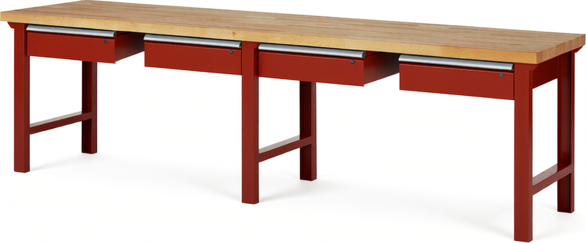 Werkbank Modell 7002 rot, BxTxH 3000x700x840 mm,  Buche-Massiv Arbeitsplatte 40 mm,  4 Schubladen mit  Auszug 90 %