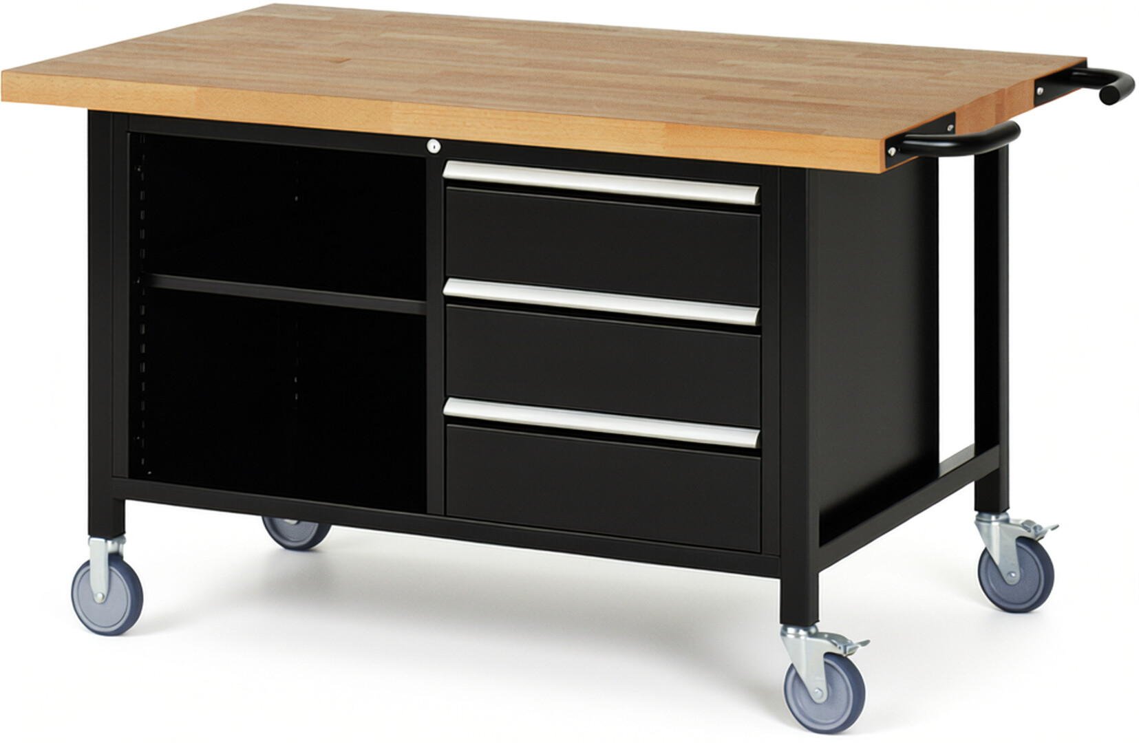 RAU Werkbank schwarz - Breite 150 cm - Tiefe 90 cm - Höhe 108 cm - Buche-Massiv Arbeitsplatte 40 mm