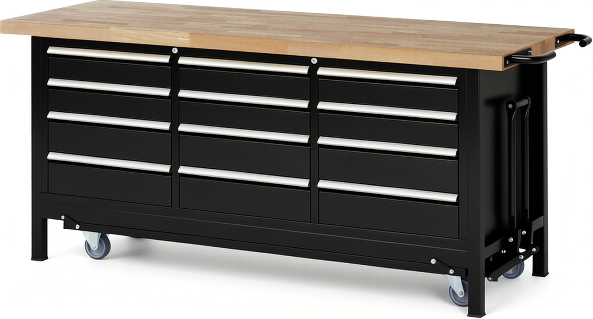 Absenkbare Werkbank Modell 8579 schwarz, BxTxH 2000x700x880 mm,  Buche-Massiv Arbeitsplatte 40 mm,  12 Schubladen mit  Auszug 90 %