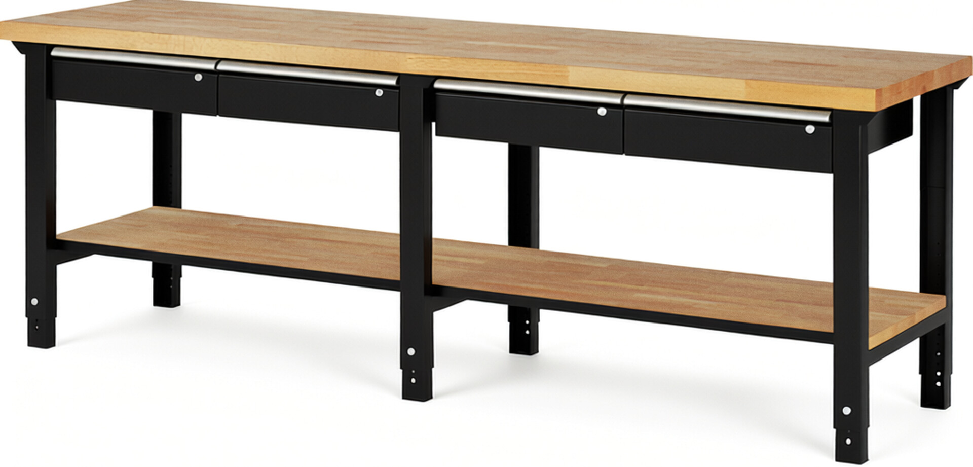 Werkbank Modell 7002 schwarz, BxTxH 2500x700x790-1140 mm,  Buche-Massiv Arbeitsplatte 40 mm,  4 Schubladen mit  Auszug 90 %