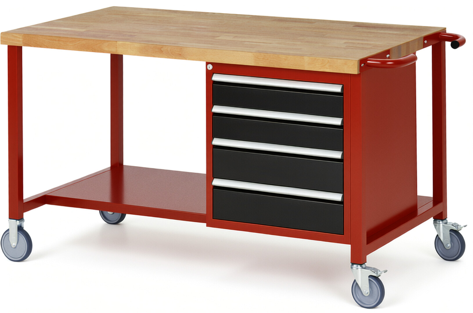 RAU Werkbank rot - schwarz - Breite 150 cm - Tiefe 90 cm - Höhe 88 cm - Buche-Massiv Arbeitsplatte 40 mm