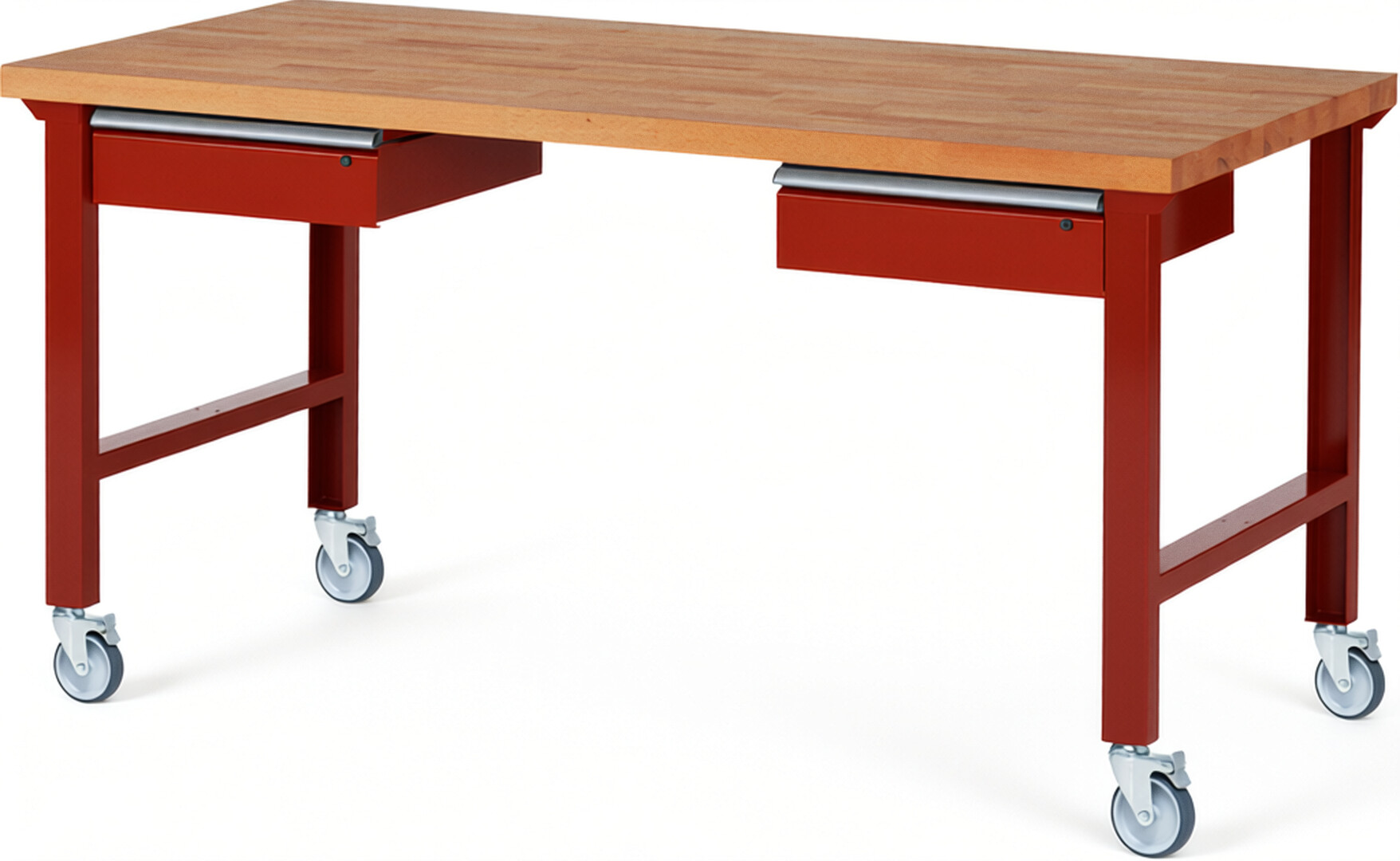 Fahrbare Werkbank Modell 7002 rot, BxTxH 2000x900x1000 mm,  Buche-Massiv Arbeitsplatte 40 mm,  2 Schubladen mit  Auszug 90 %