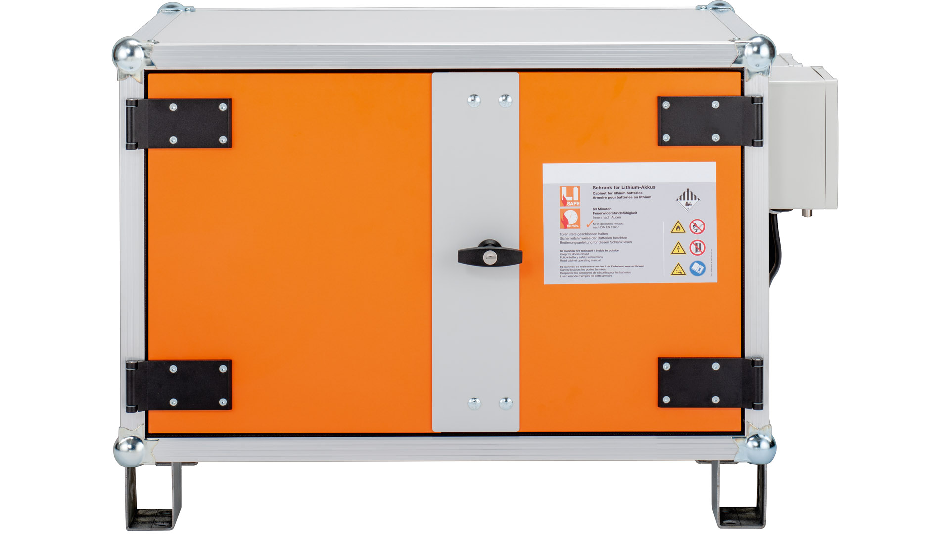 Akku-Ladeschrank, Premium Plus, strombetriebener Rauchmelder, BxTxH 800x660x620mm, Tür orange, Stapelfüße Korpus grau