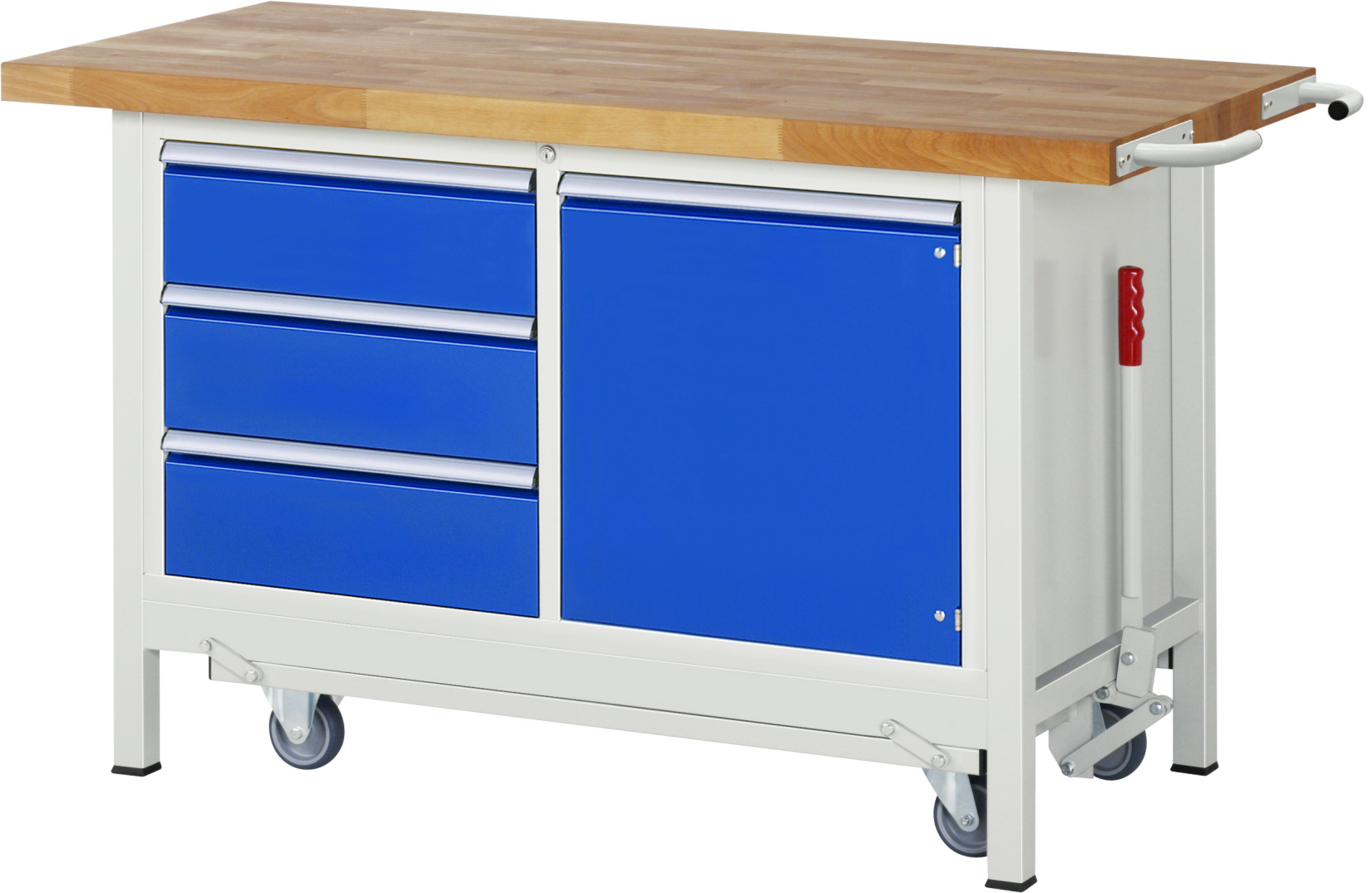 Absenkbare Werkbank Modell 8468 rot, BxTxH 1500x700x880 mm,  Buche-Massiv Arbeitsplatte 40 mm,  3 Schubladen mit  Auszug 90 %