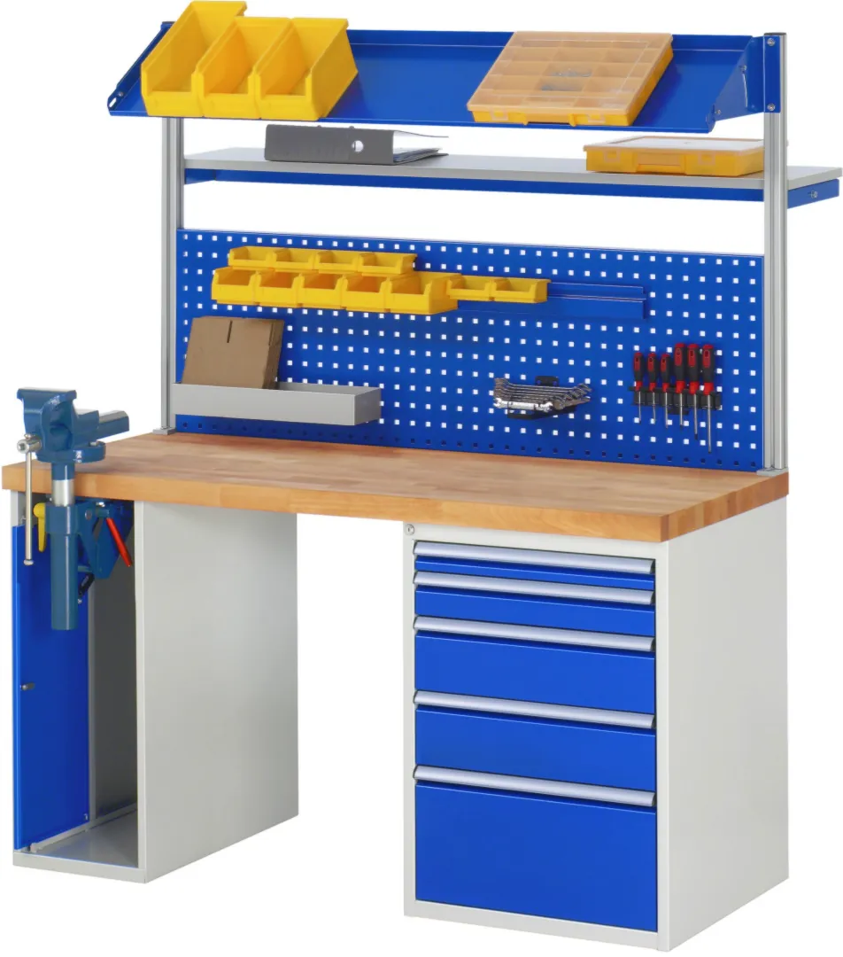 Werkbank Modell 7510,  BxTxH 1500x900x840 mm,  Buche-Massiv Arbeitsplatte 40 mm,  4 Schubladen mit  Vollauszug 100 % und  SoftClosing