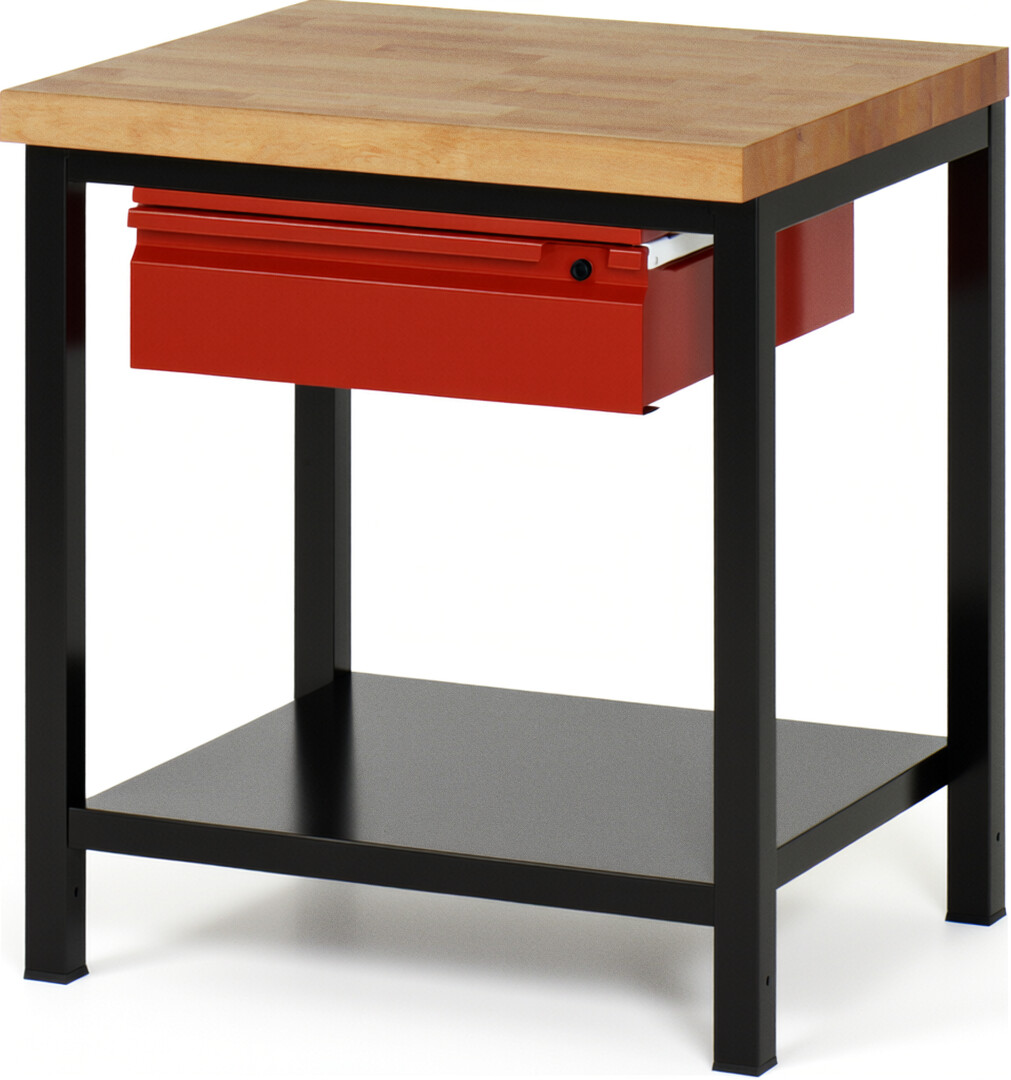 Werkbank schwarz - rot, Breite 75 cm, Tiefe 70 cm, Höhe 104 cm, 1 Schublade(n), Platte: Buche-Massiv-Arbeitsplatte
