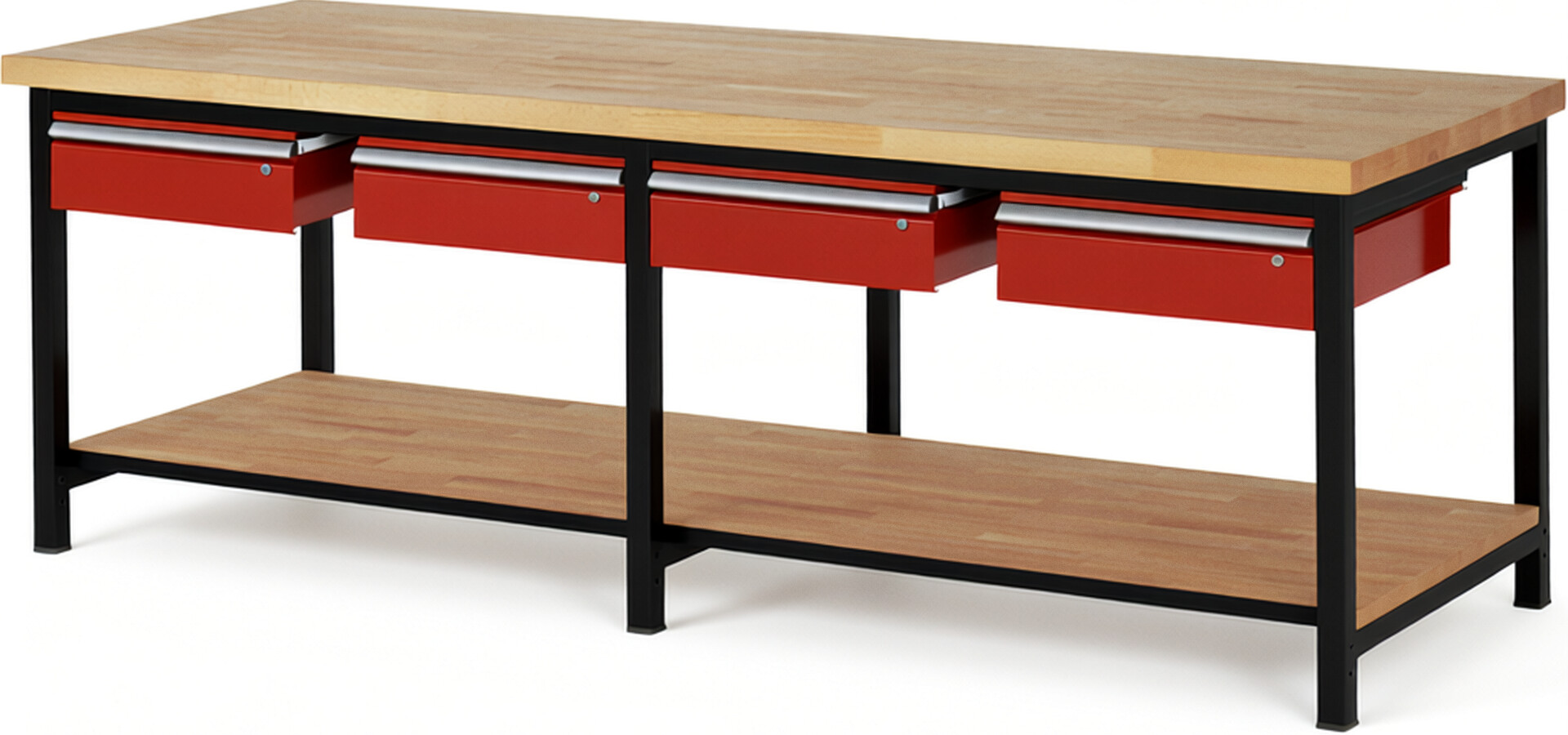 RAU Werkbank schwarz - rot - Breite 250 cm - Tiefe 90 cm - Höhe 104 cm - Buche-Massiv Arbeitsplatte 40 mm