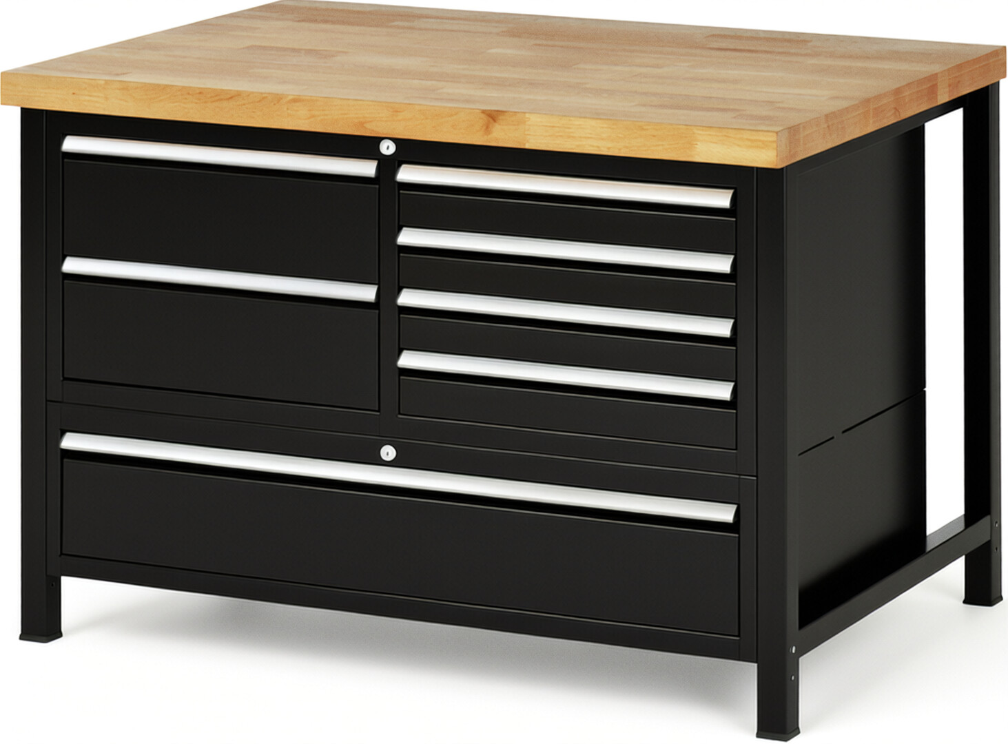 Werkbank Modell 8931 schwarz, BxTxH 1250x900x840-1040 mm,  Buche-Massiv Arbeitsplatte 40 mm,  7 Schubladen mit  Auszug 90 %