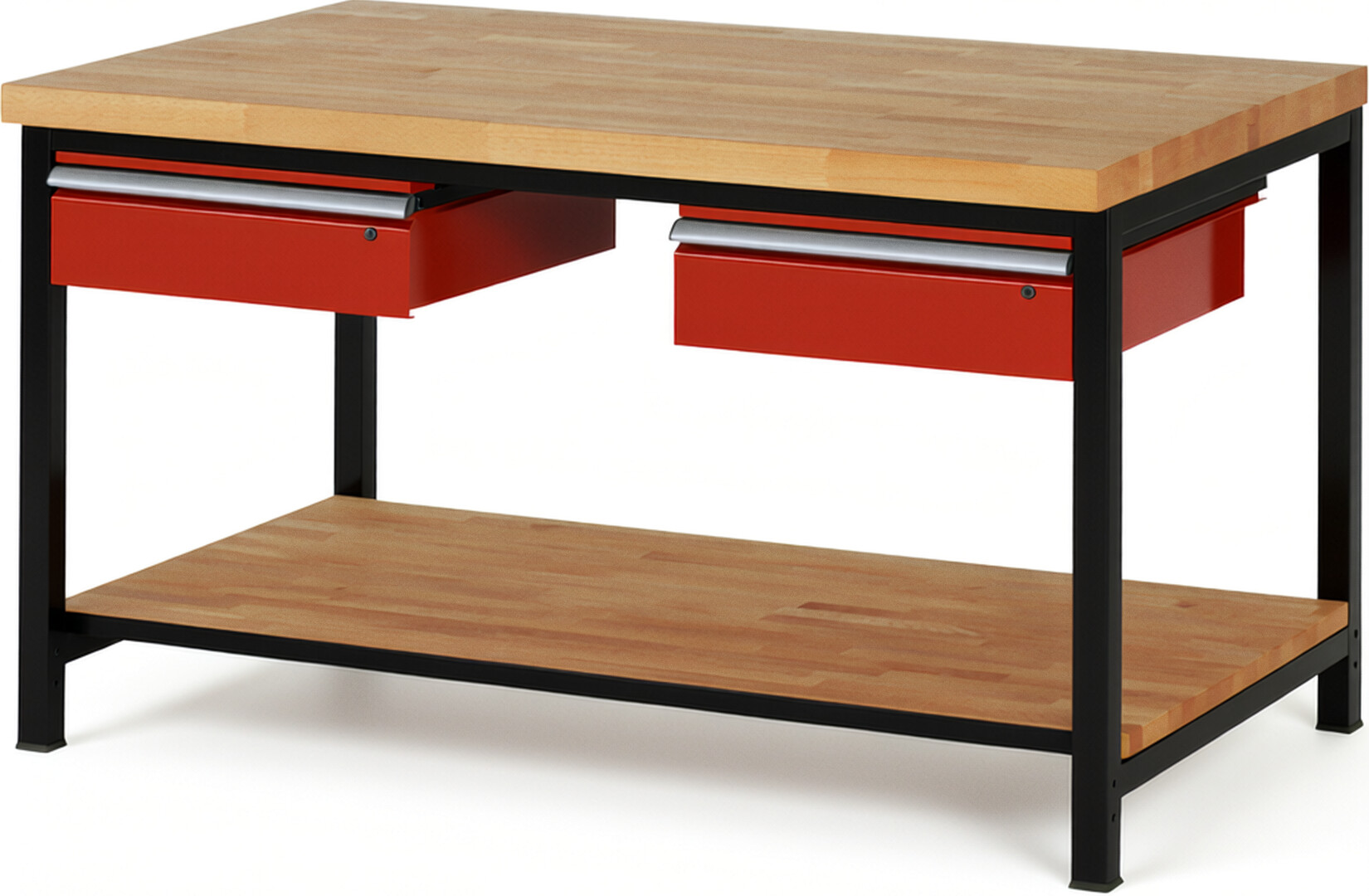 RAU Werkbank schwarz - rot - Breite 150 cm - Tiefe 90 cm - Höhe 104 cm - Buche-Massiv Arbeitsplatte 40 mm