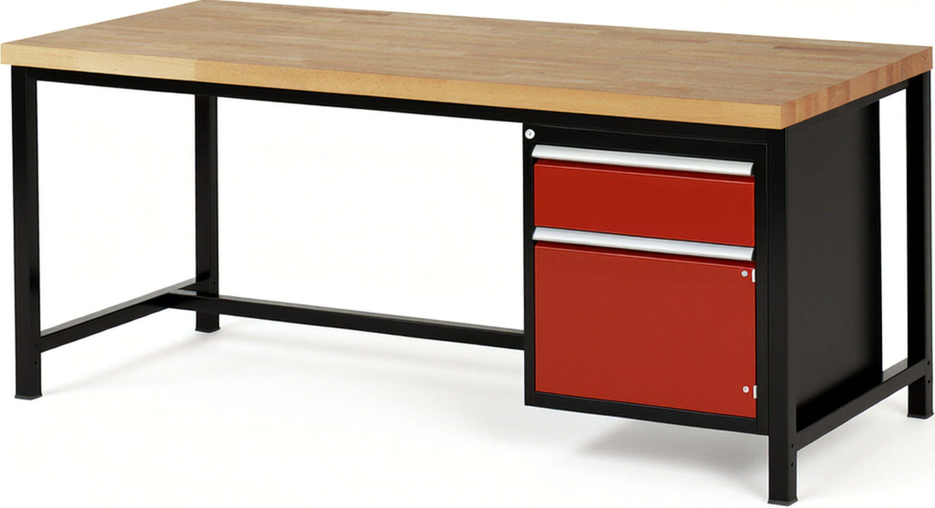 RAU Werkbank schwarz - rot - Breite 200 cm - Tiefe 90 cm - Höhe 104 cm - Buche-Massiv Arbeitsplatte 40 mm