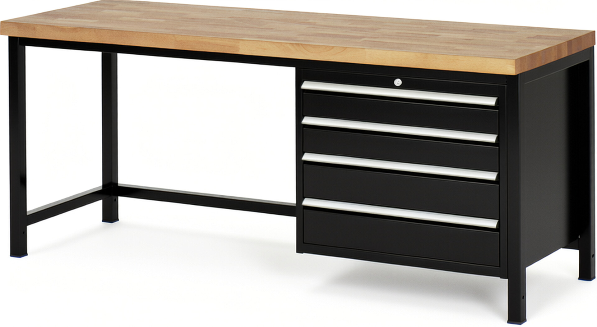 Werkbank Modell 8262 schwarz, BxTxH 2000x700x840-1040 mm,  Buche-Massiv Arbeitsplatte 40 mm,  4 Schubladen mit  Vollauszug 100 % und  SoftClosing