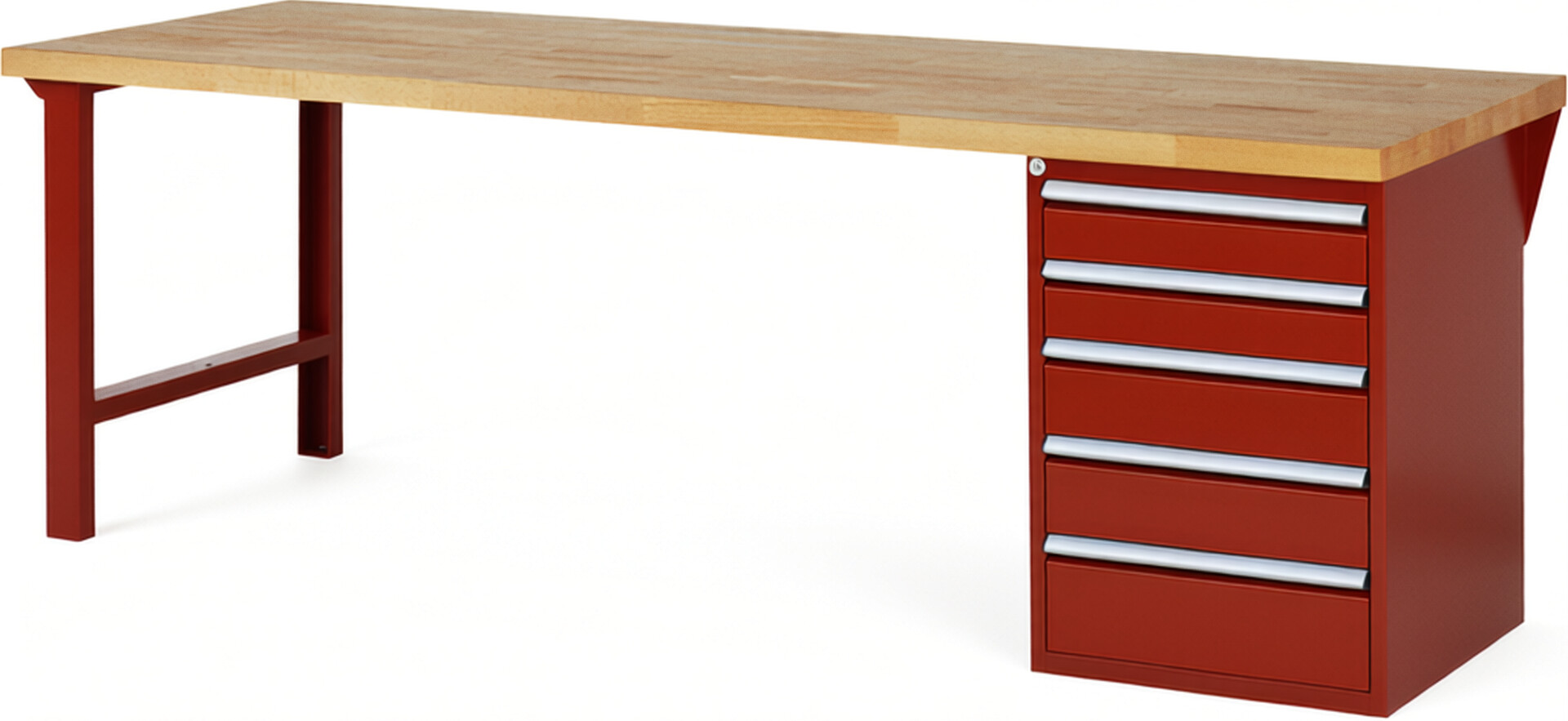 RAU Werkbank rot - Breite 250 cm - Tiefe 90 cm - Höhe 84 cm - Buche-Massiv Arbeitsplatte 40 mm