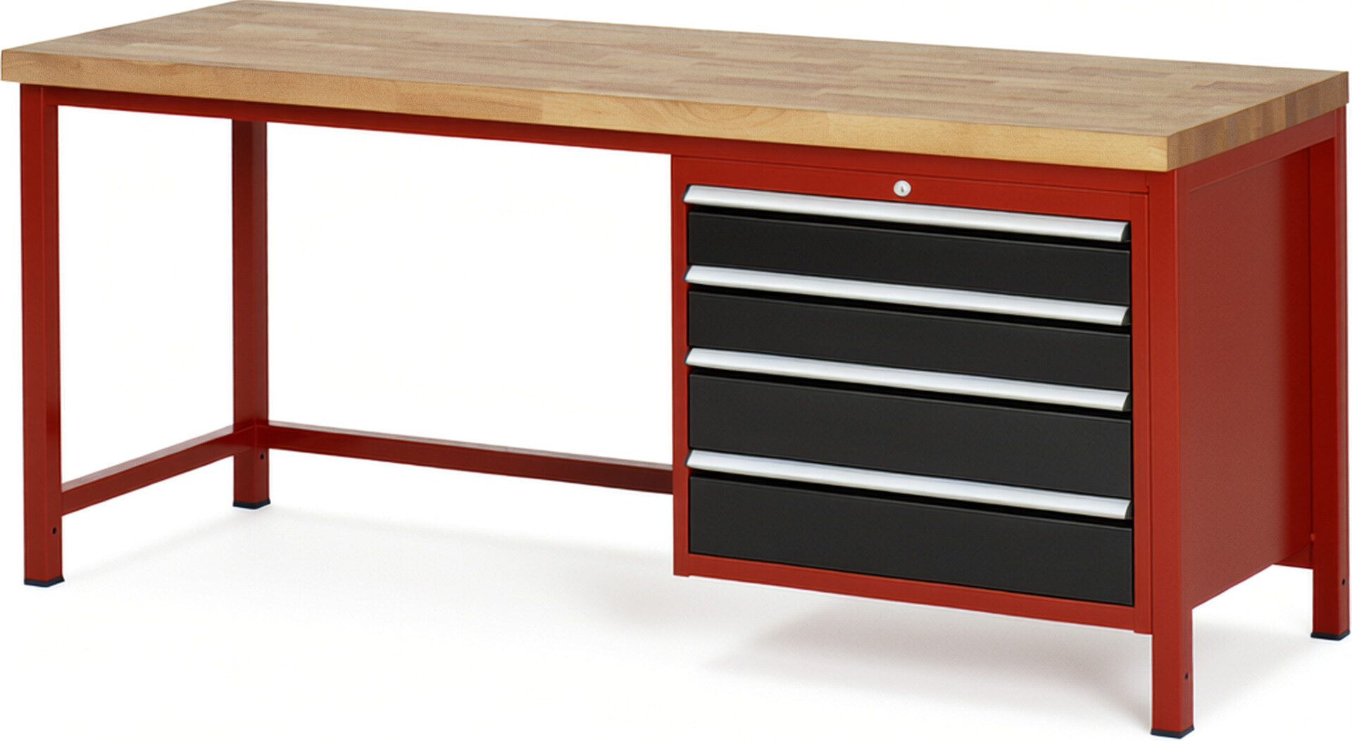 Werkbank Modell 8262 rot - schwarz, BxTxH 2000x700x840-1040 mm,  Buche-Massiv Arbeitsplatte 40 mm,  4 Schubladen mit  Vollauszug 100 % und  SoftClosing