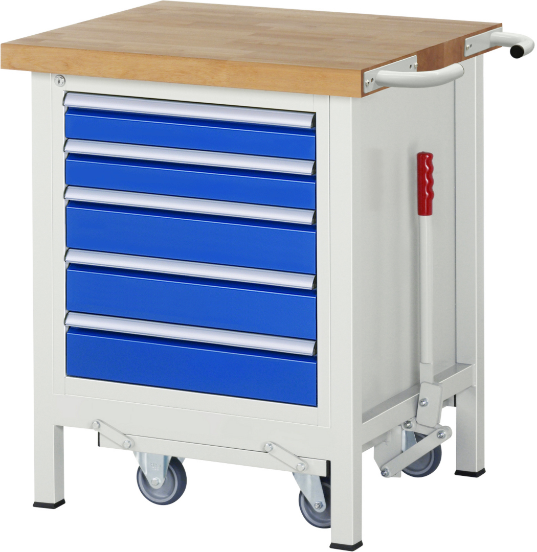 Absenkbare Werkbank Modell 8171 rot - schwarz, BxTxH 750x700x880 mm,  Buche-Massiv Arbeitsplatte 40 mm,  5 Schubladen mit  Vollauszug 100 % und  SoftClosing