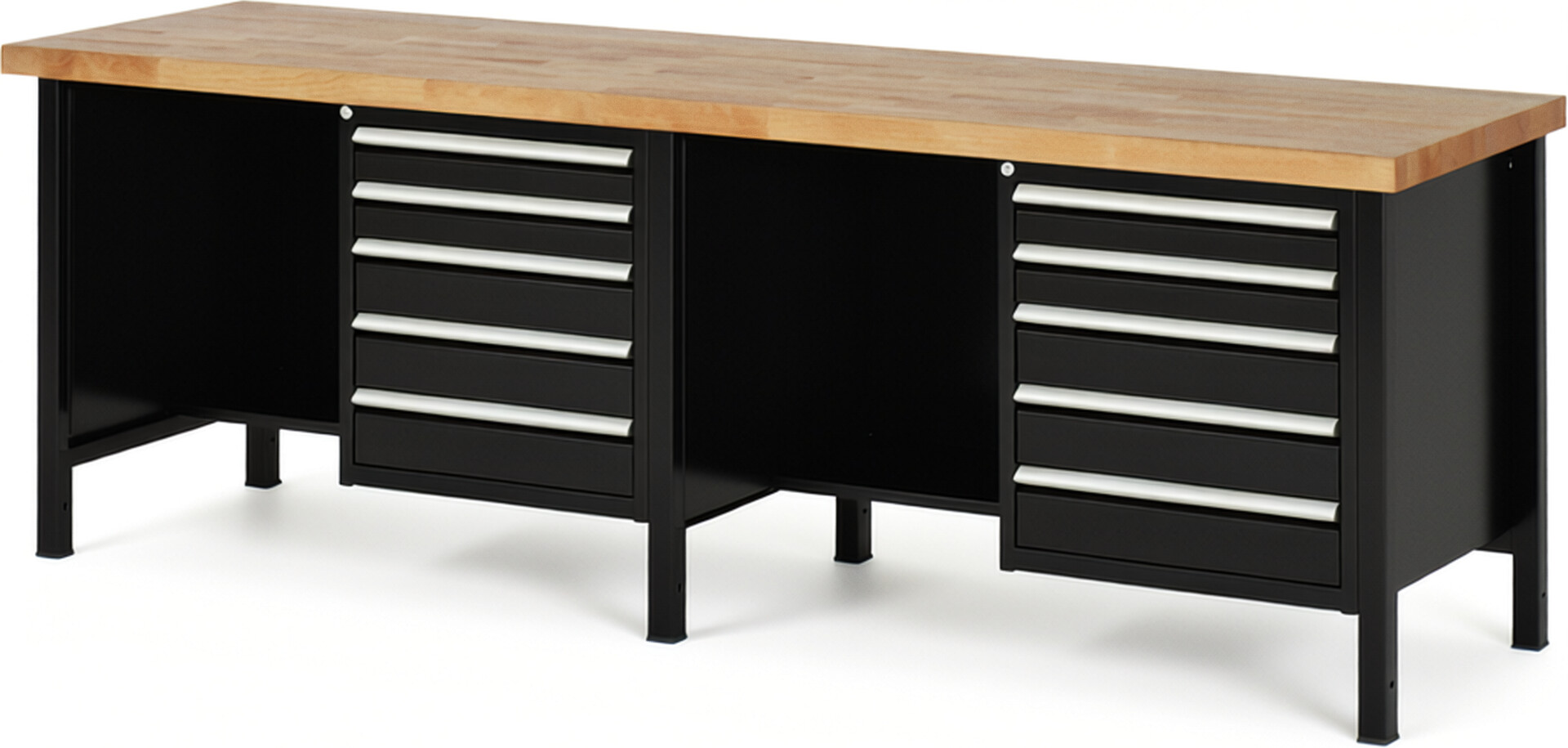 Werkbank Modell 8454 schwarz, BxTxH 2500x700x840-1040 mm,  Buche-Massiv Arbeitsplatte 40 mm,  10 Schubladen mit  Vollauszug 100 % und  SoftClosing